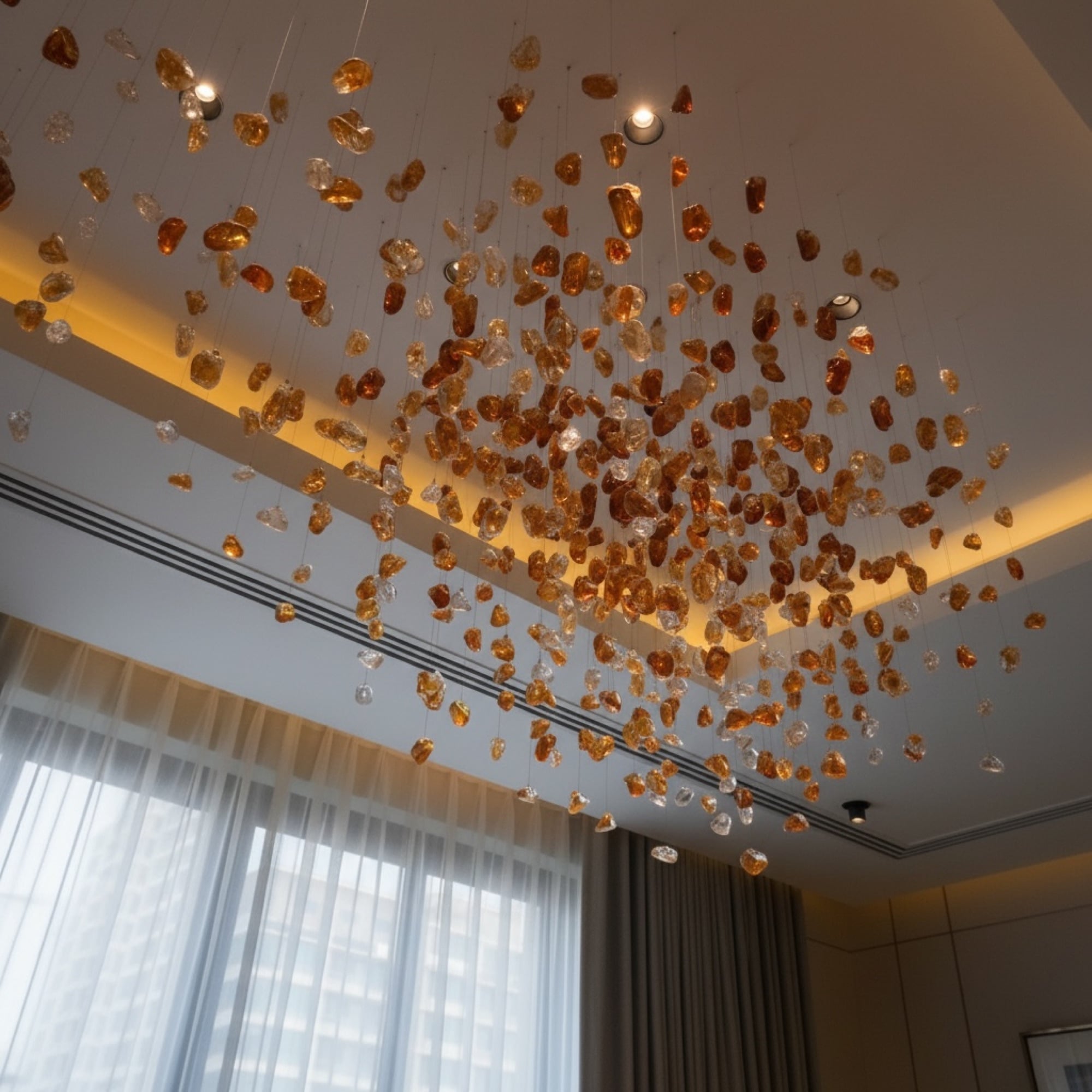A ceiling-mounted installation of suspended amber and clear glass fragments above a curtained window, designed by Radwa Interiors.