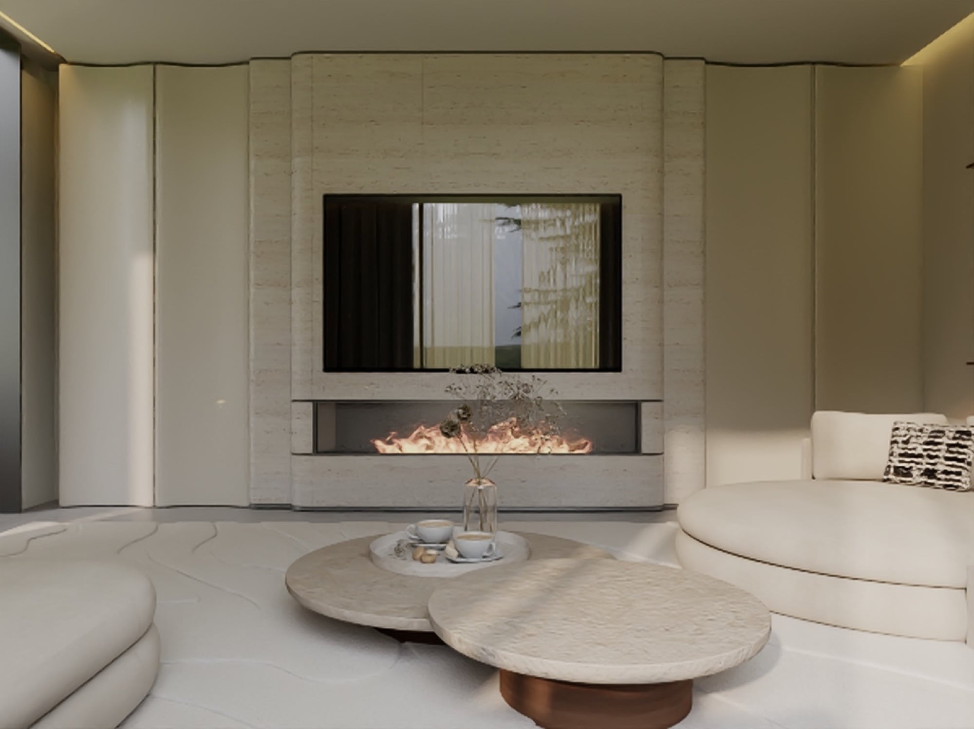 A screen set above a linear fire in a travertine chimney breast, with two round stone tables on a pale rug, designed by Radwa Interiors.