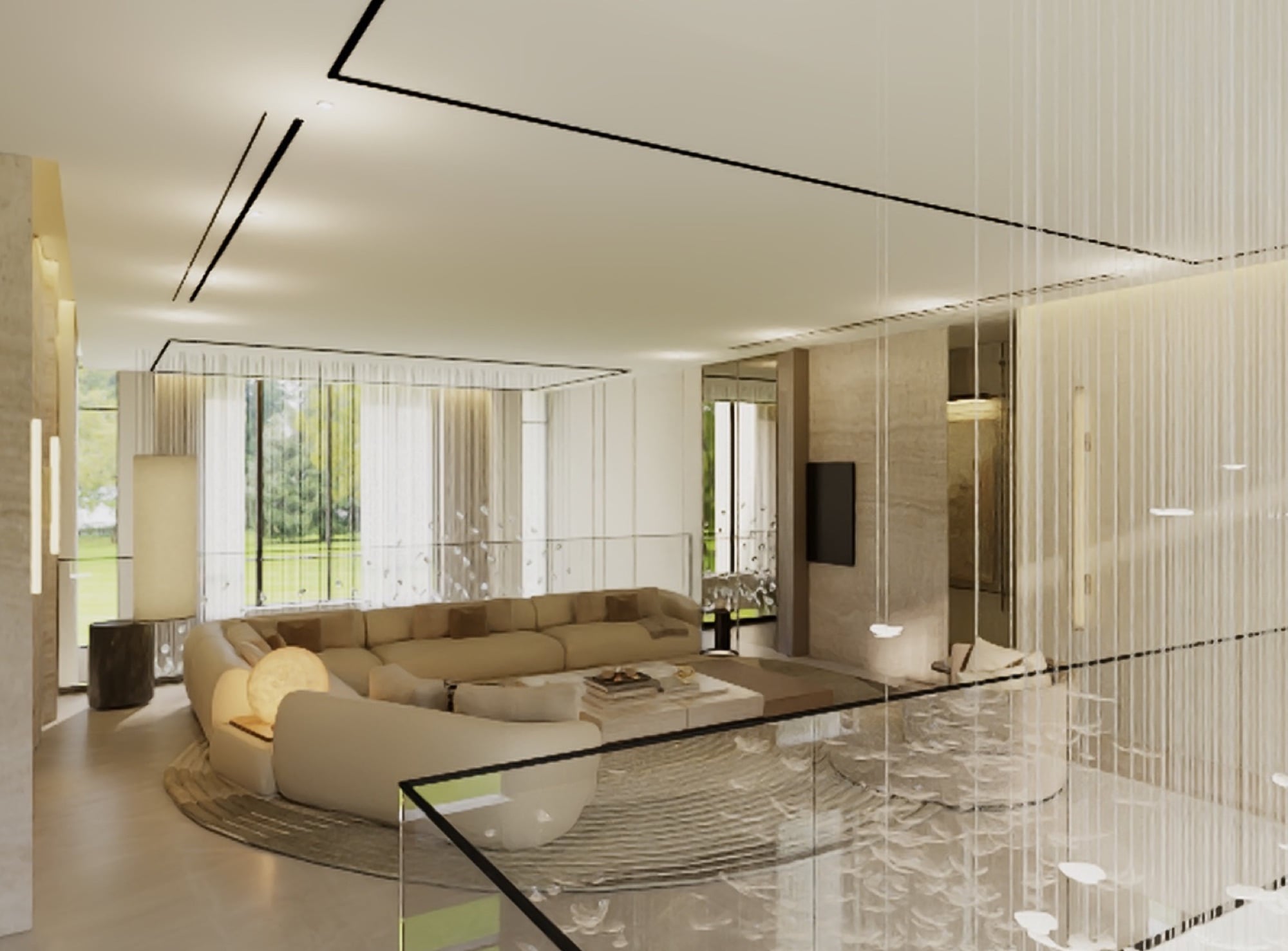 A living room with tan sectional seating on a circular rug, beside a suspended glass-rod screen and garden glazing, designed by Radwa Interiors.