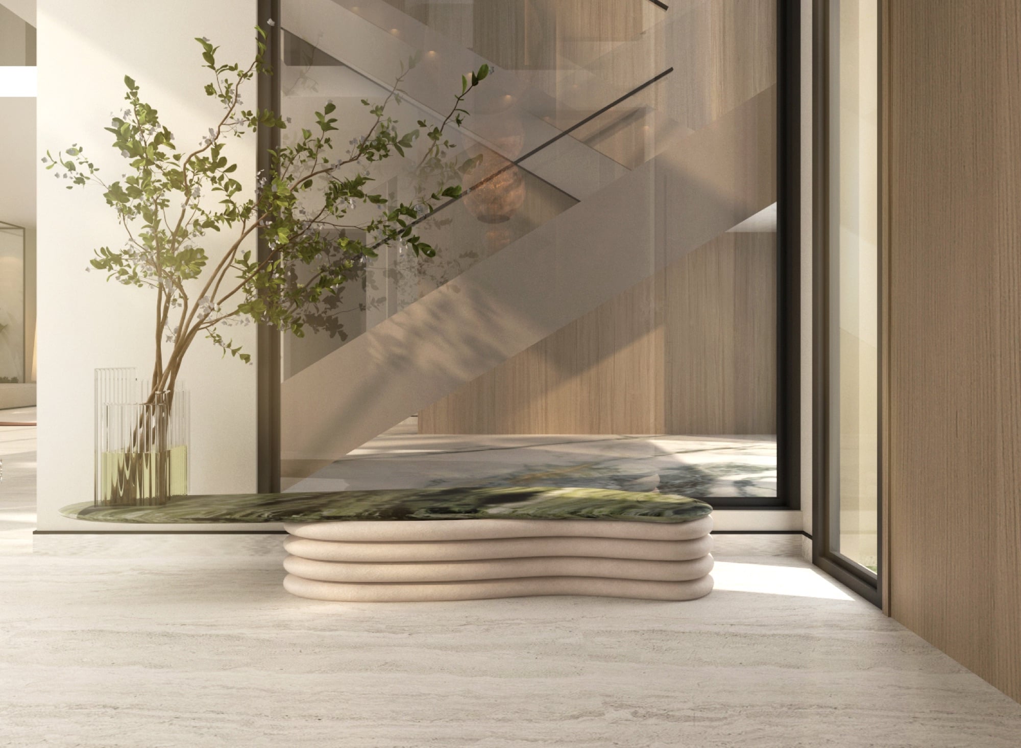 A stacked stone plinth holding a green marble slab beneath a slim tree, beside a stair behind a glazed screen, designed by Radwa Interiors.