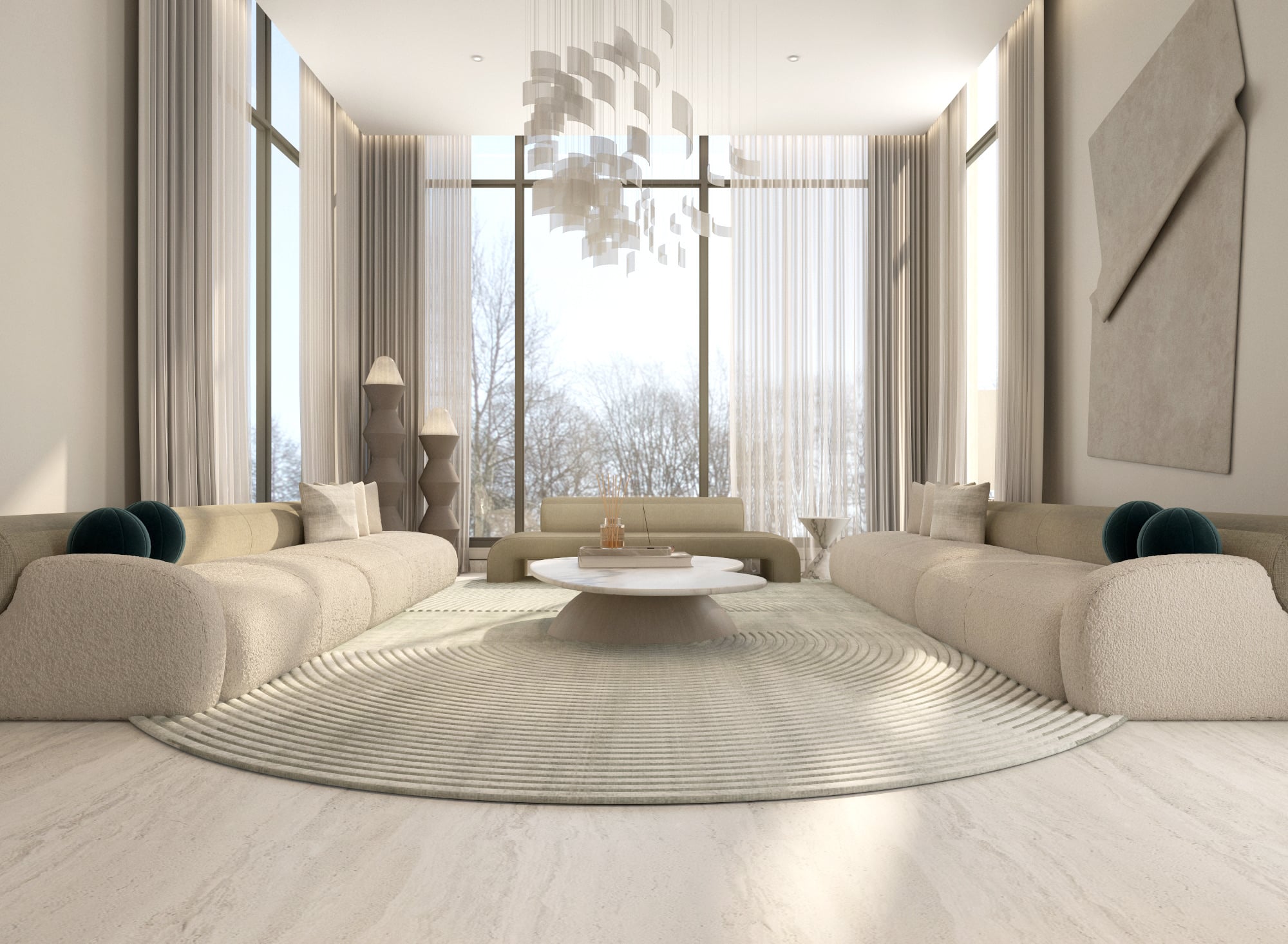 A double-height living room with cream boucle sofas and teal cushions around a low round table, under a cloud-form chandelier, designed by Radwa Interiors.