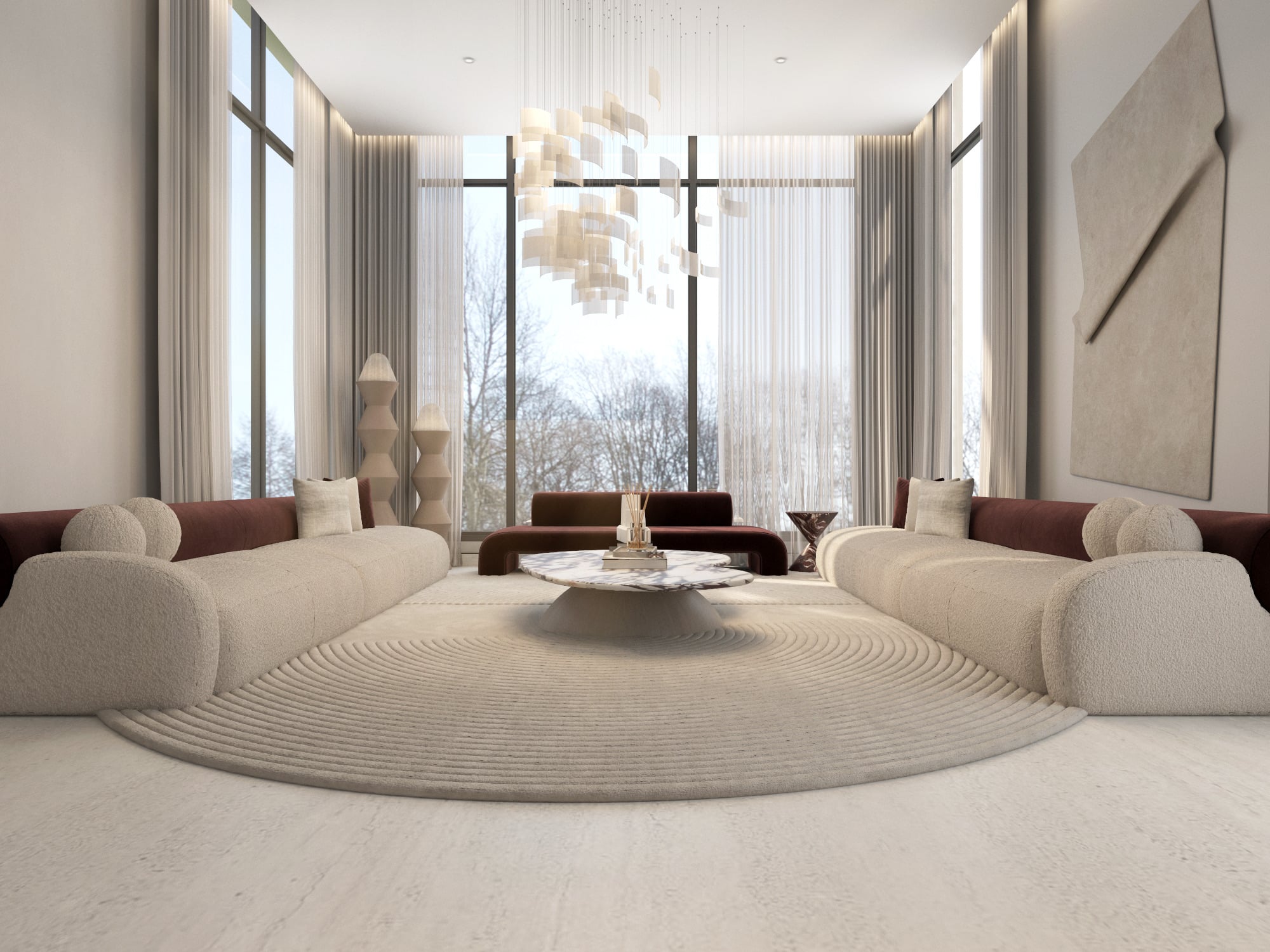 A double-height living room with cream sofas, deep red cushions and a burgundy banquette on a raked circular rug, designed by Radwa Interiors.