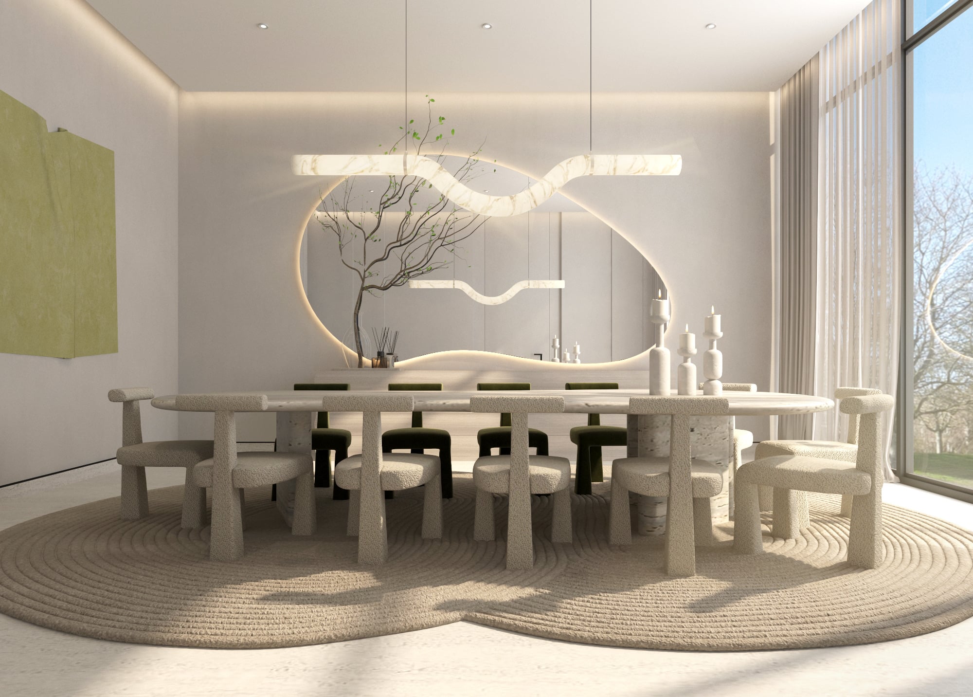 A dining table with sculpted stone chairs on a round woven rug, below an organic backlit mirror and a bare branch, designed by Radwa Interiors.