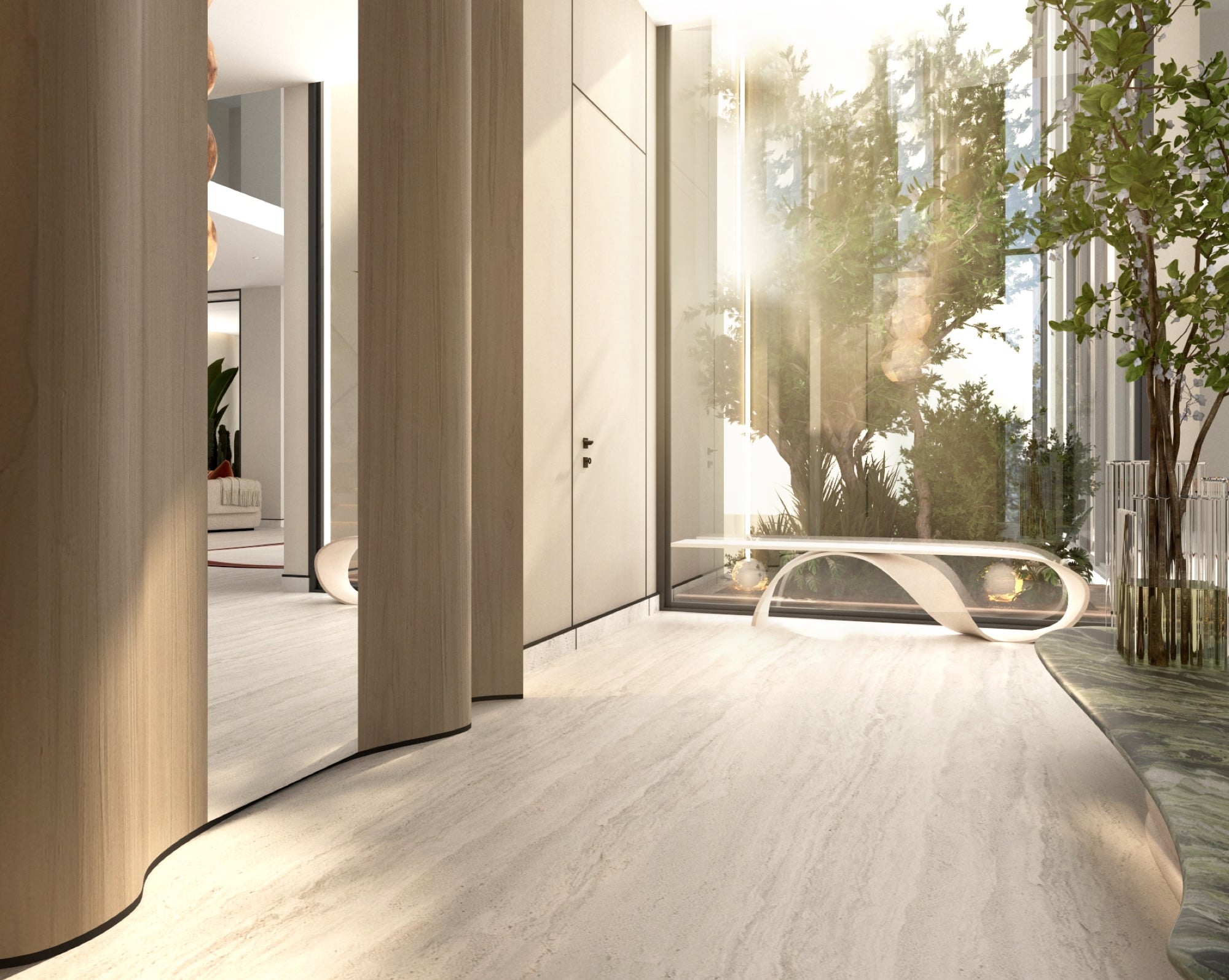 A travertine corridor with a curved ribbon bench beside full-height glazing onto sunlit planting, designed by Radwa Interiors.