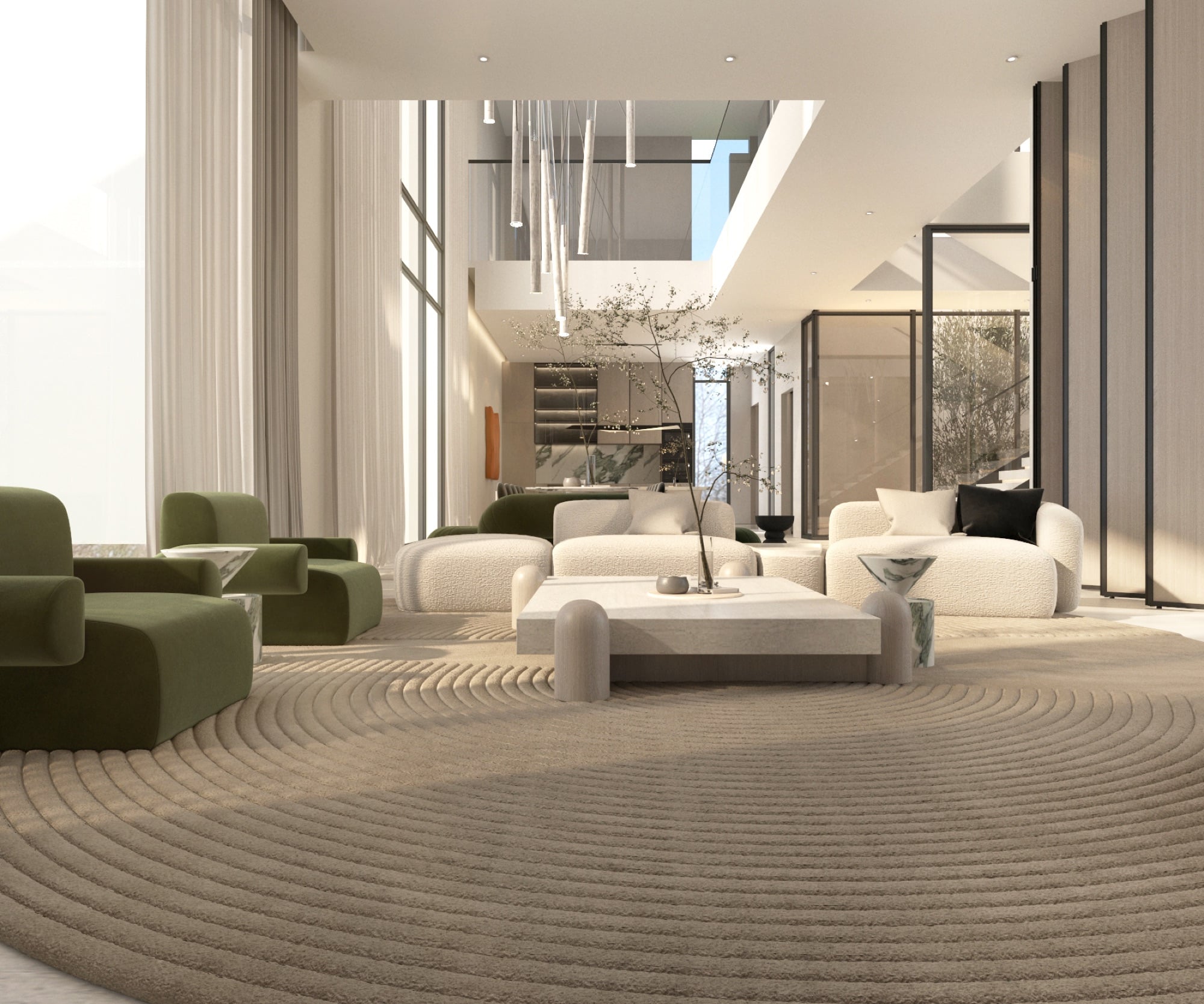 A double-height living room with olive-green armchairs facing cream sofas on a raked circular rug, designed by Radwa Interiors.