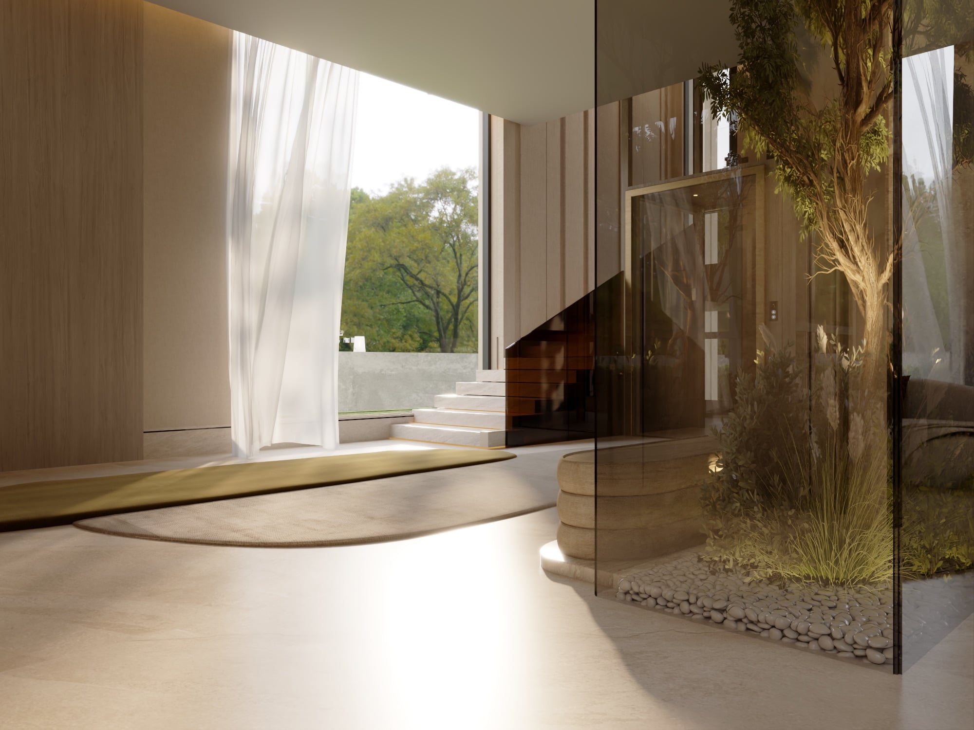 A hall with a glazed internal courtyard of grasses and a tree, beside pale stone stairs and an olive-green rug, designed by Radwa Interiors.