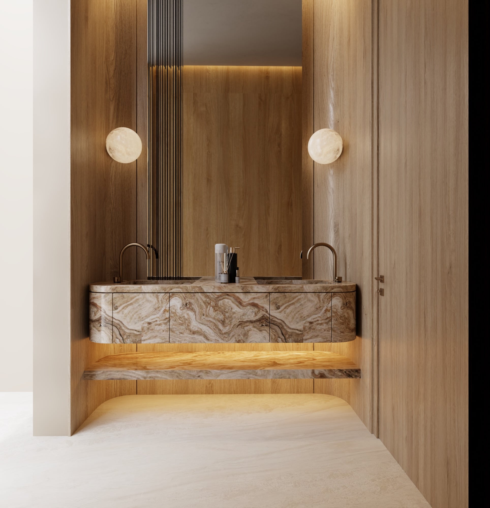 A washroom with twin basins in a curved veined-stone vanity, an illuminated shelf and two alabaster disc lights on timber panelling, designed by Radwa Interiors.