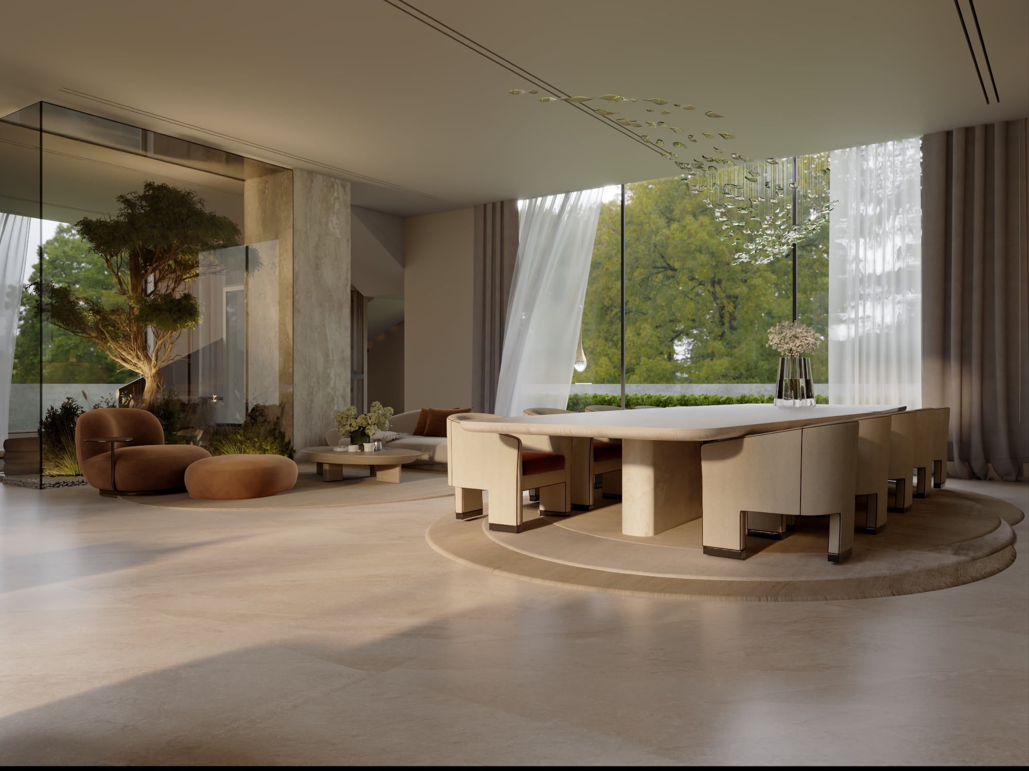 A dining table with tan and cream chairs on a raised plinth, beside a lit courtyard tree and full-height garden glazing, designed by Radwa Interiors.