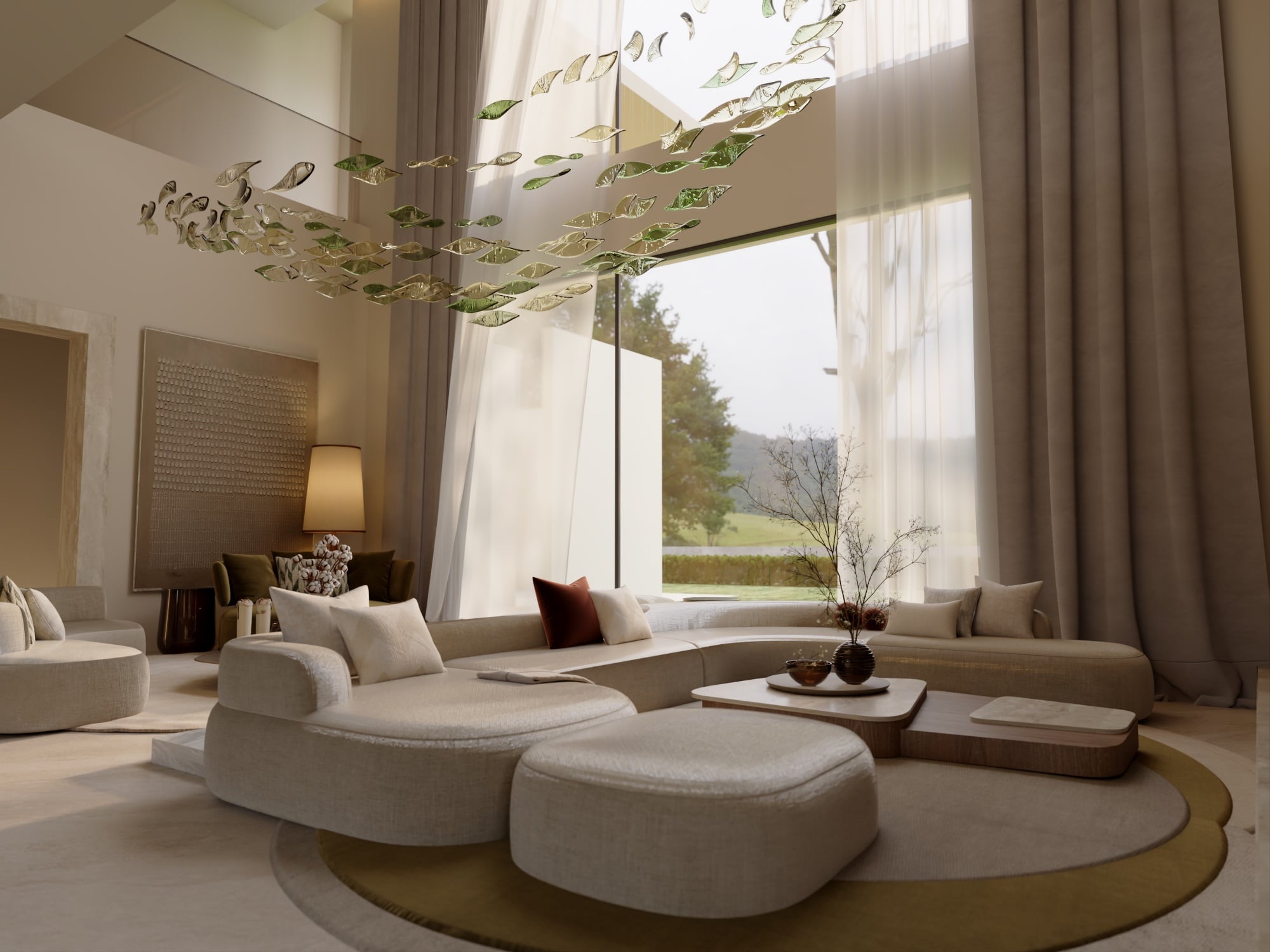 A double-height living room with cream curved seating below a suspended leaf-glass installation, open to parkland, designed by Radwa Interiors.