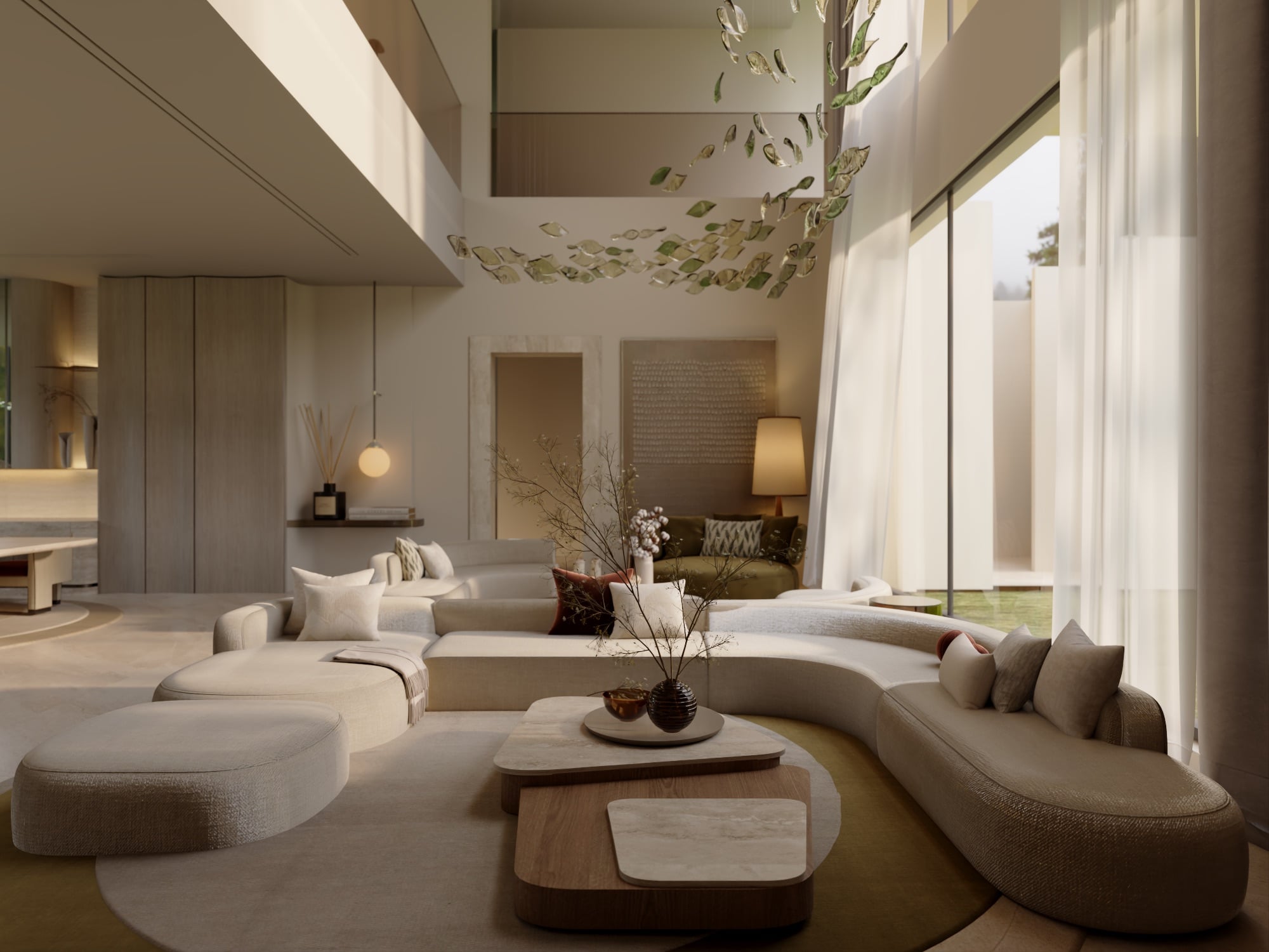 A double-height living room with a curved sectional and pale ottomans, under a green leaf-glass installation, designed by Radwa Interiors.