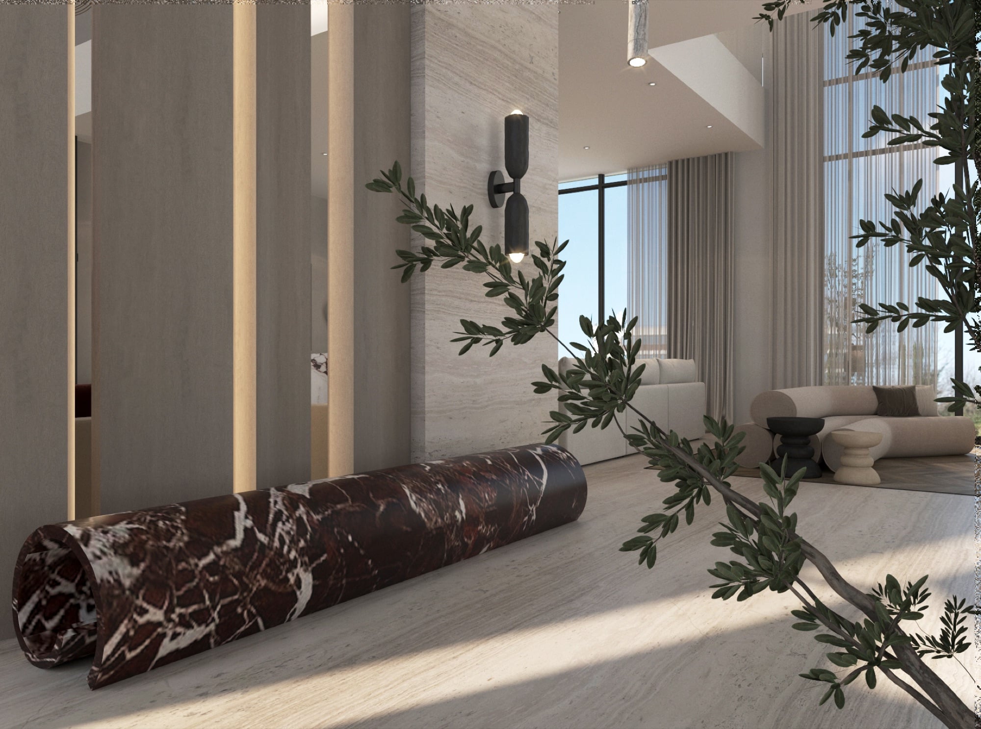A rolled slab of deep red-veined marble resting on pale timber flooring in a travertine hallway, beside an olive branch and a slatted screen, designed by Radwa Interiors.