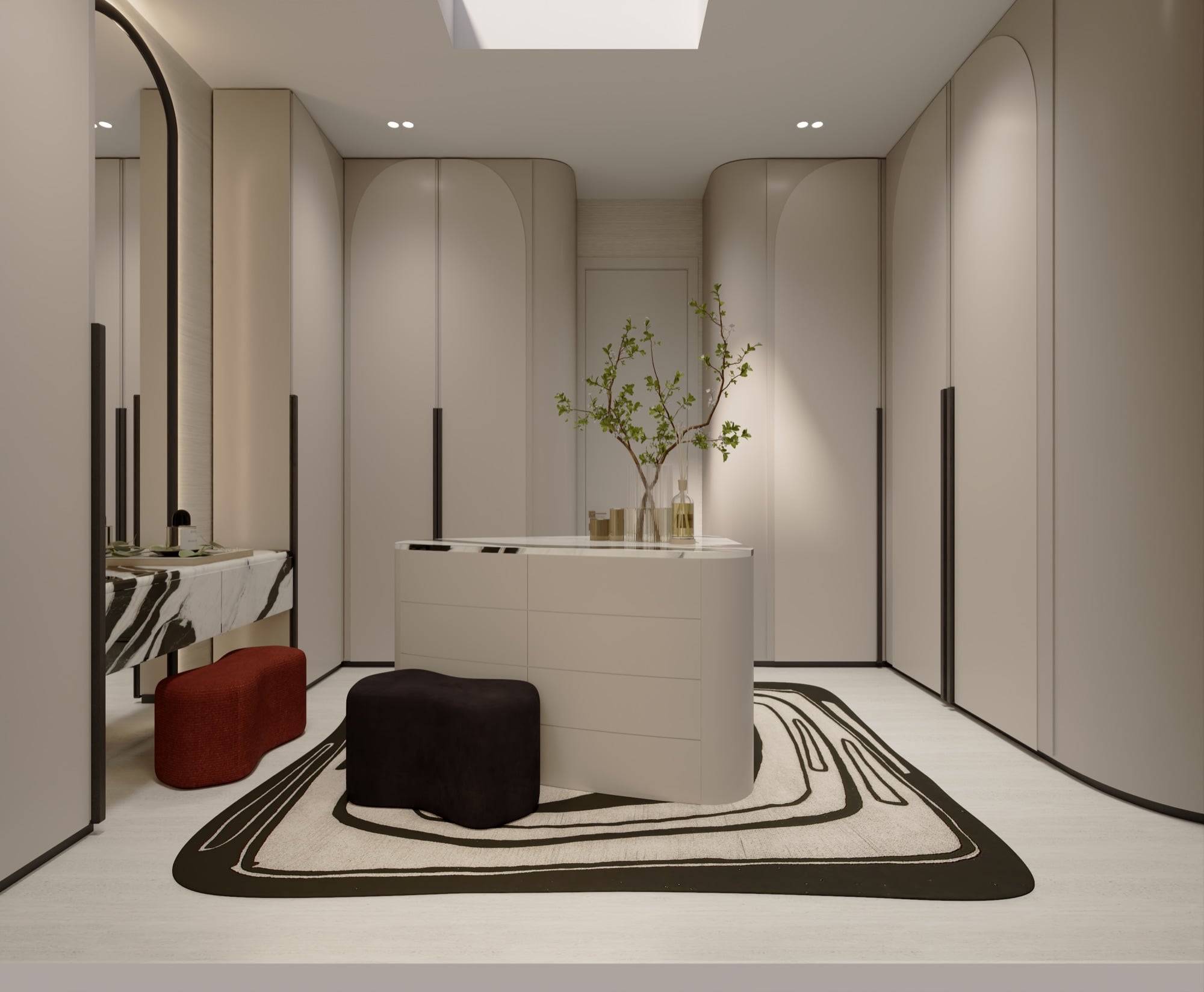 A dressing room with a curved central island, mirrored wall, and rust and charcoal upholstered stools on a swirling black and white rug, designed by Radwa Interiors.