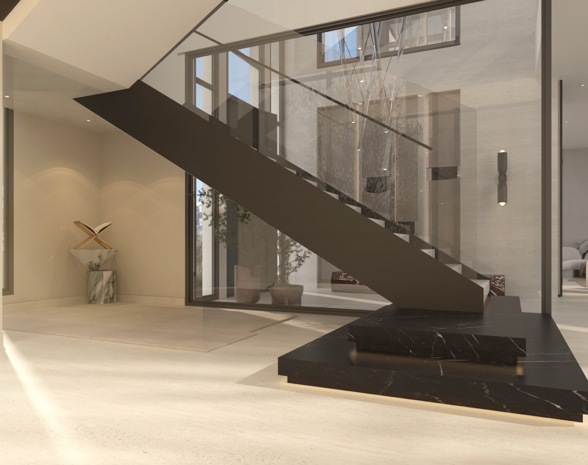 A cantilevered dark staircase over a black marble plinth in a double-height travertine hall with a glazed internal courtyard, designed by Radwa Interiors.
