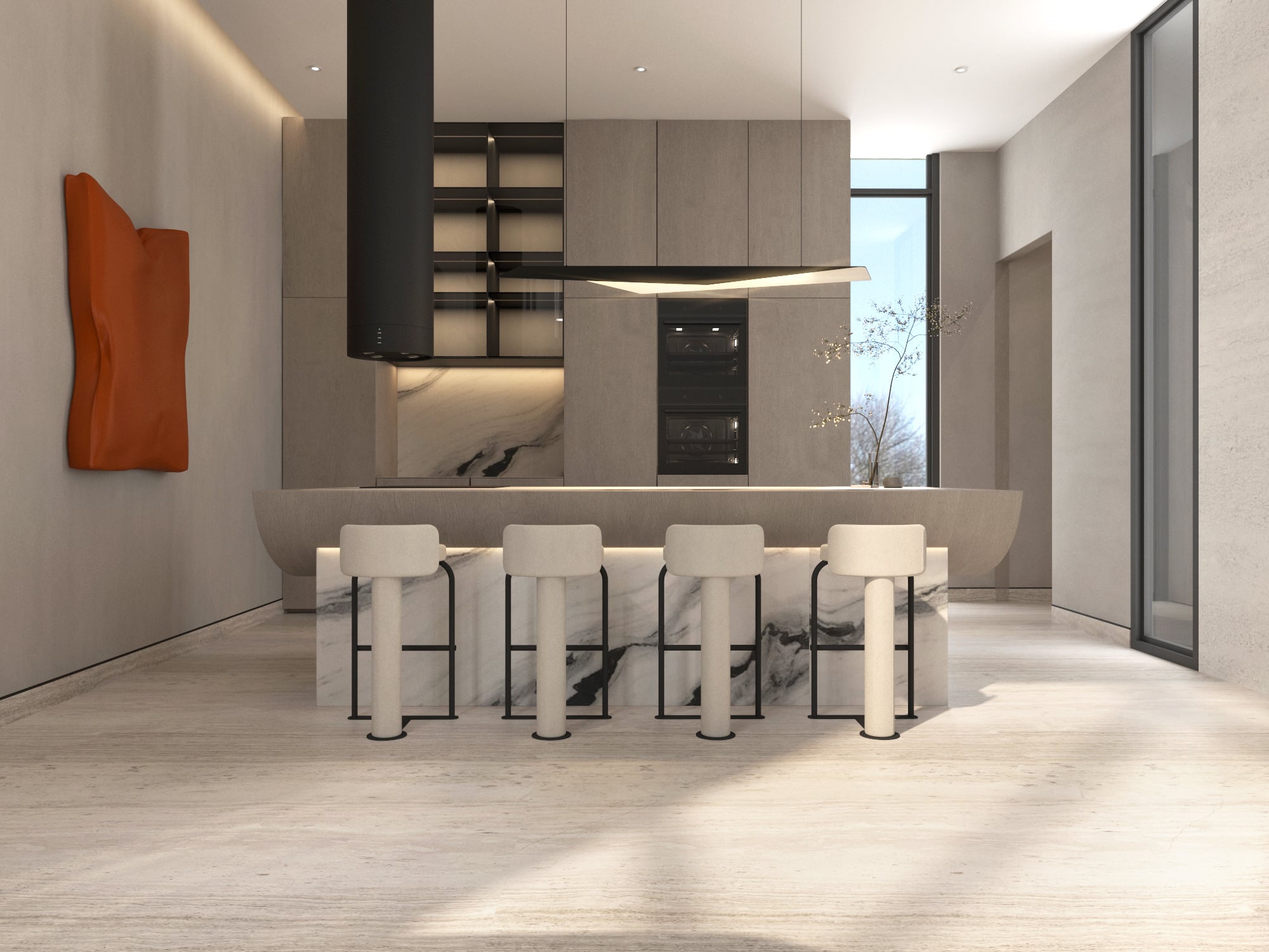 A kitchen with a curved stone island and four upholstered bar stools, a black extractor canopy and a rust-red sculptural panel on the wall, designed by Radwa Interiors.