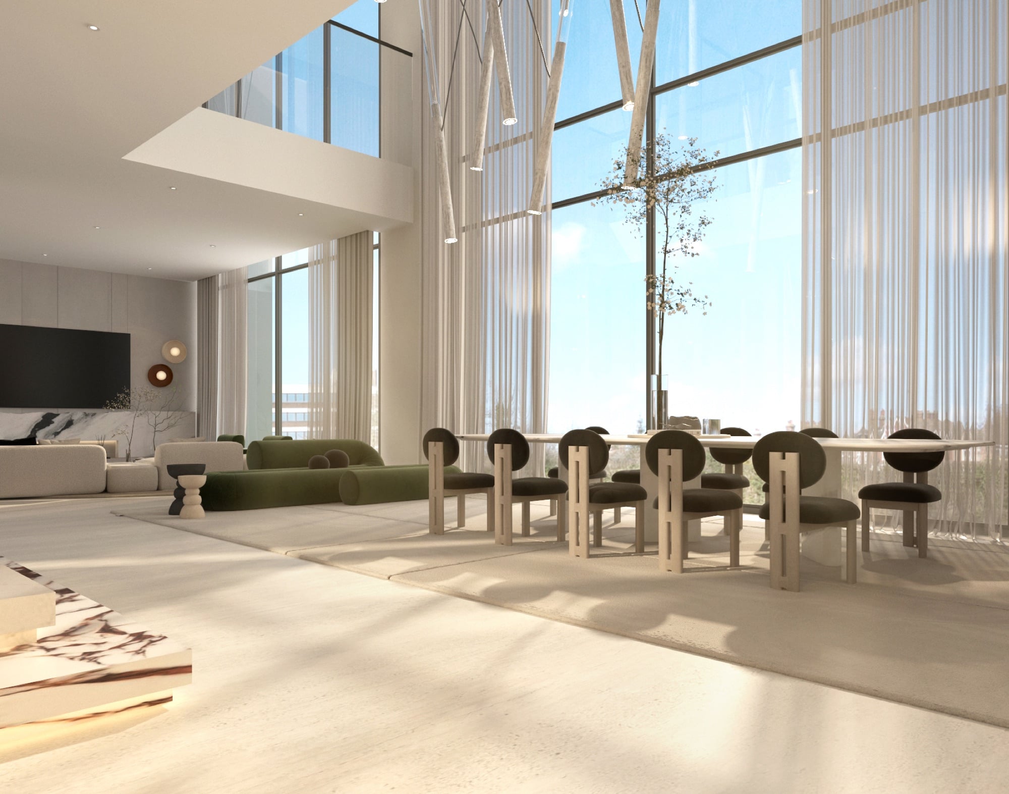 A double-height dining area with an olive-toned banquette and dark round-backed chairs beside sheer-curtained glazing and a slender tree, designed by Radwa Interiors.