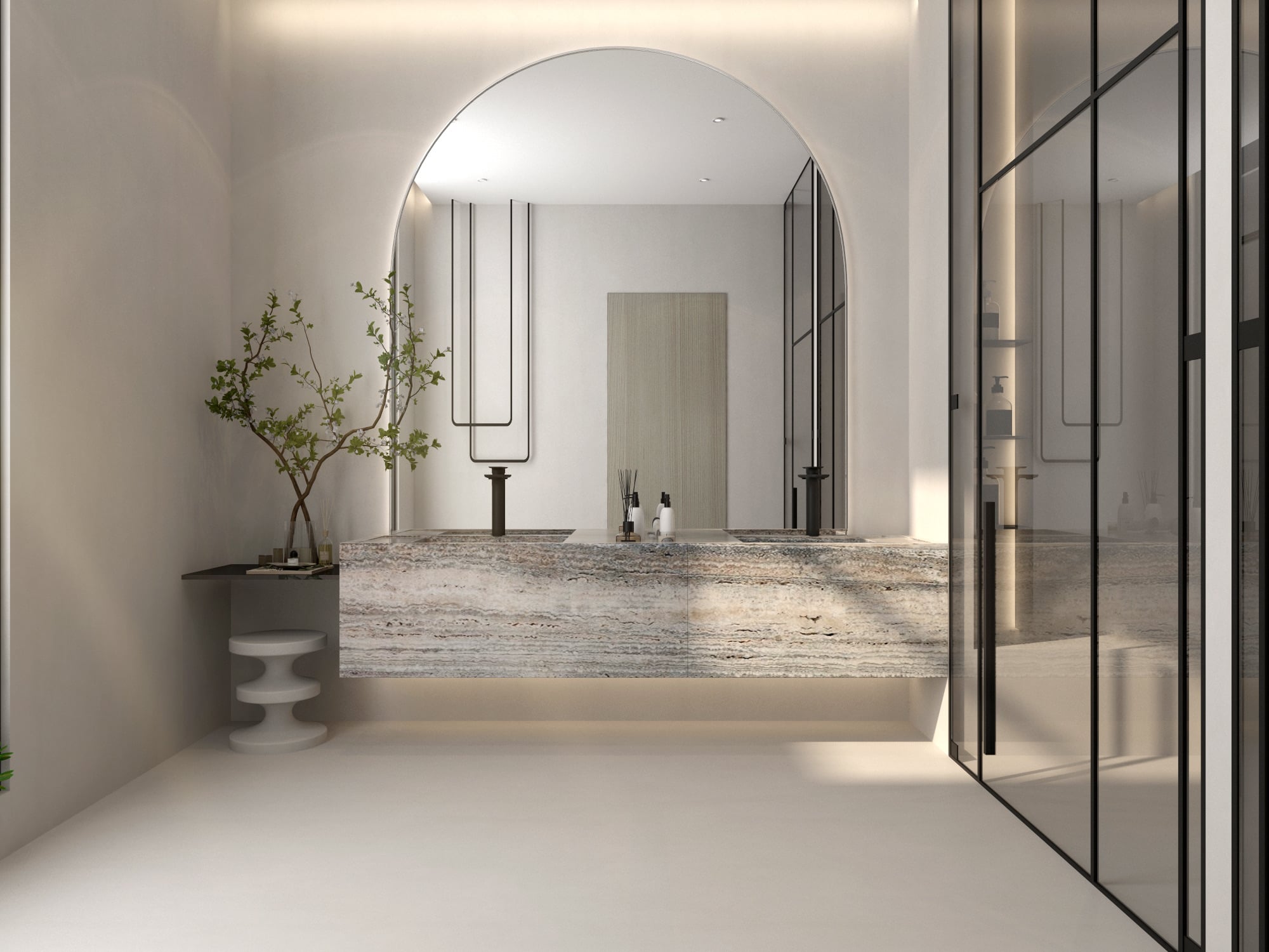 A powder room where an arched mirror sits above a heavily veined stone vanity, with a slim tree on a console beside it, designed by Radwa Interiors.