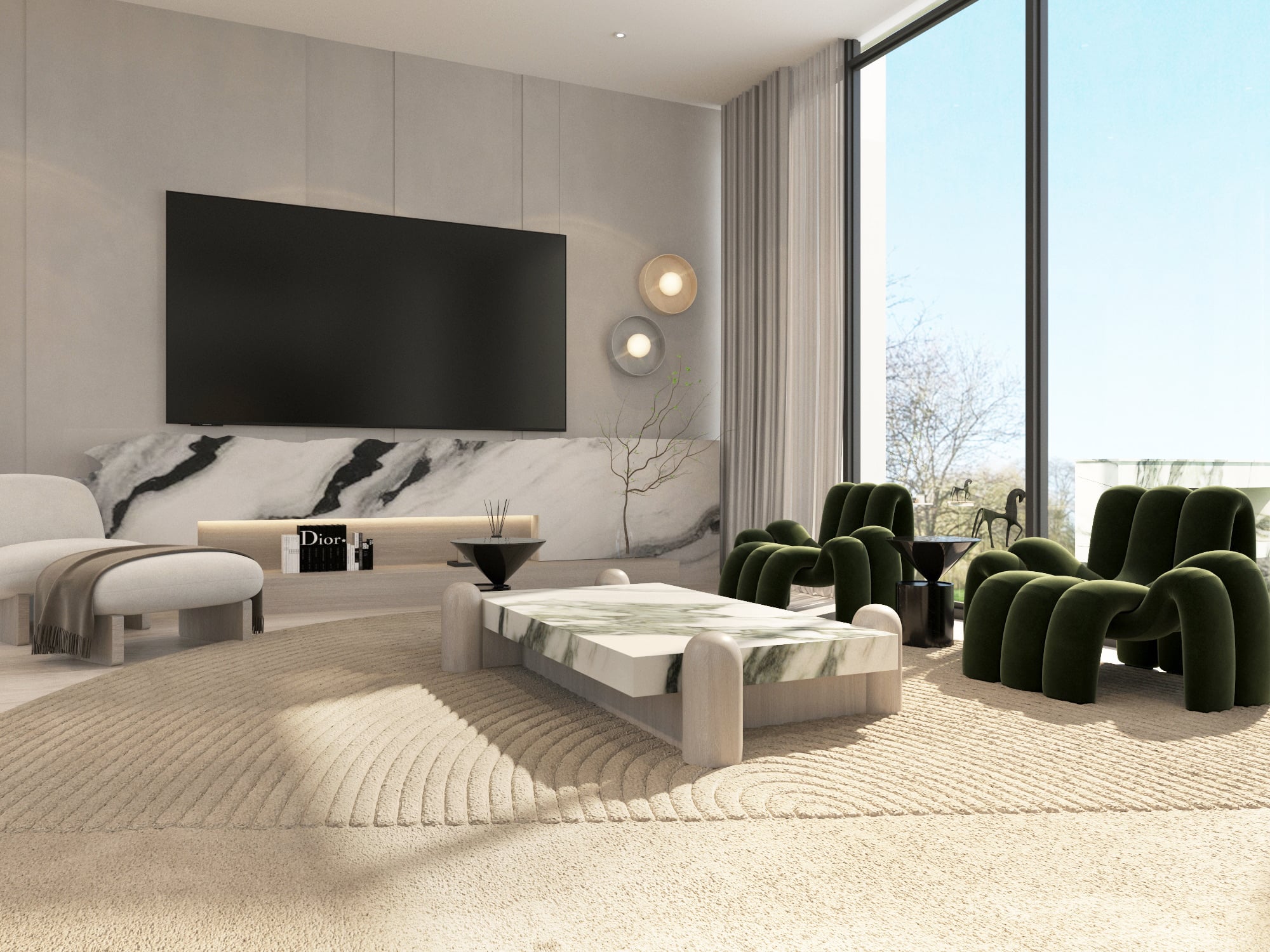 A media room with a wall-mounted screen above a book-matched marble console, forest-green armchairs and a ribbed cream rug, designed by Radwa Interiors.