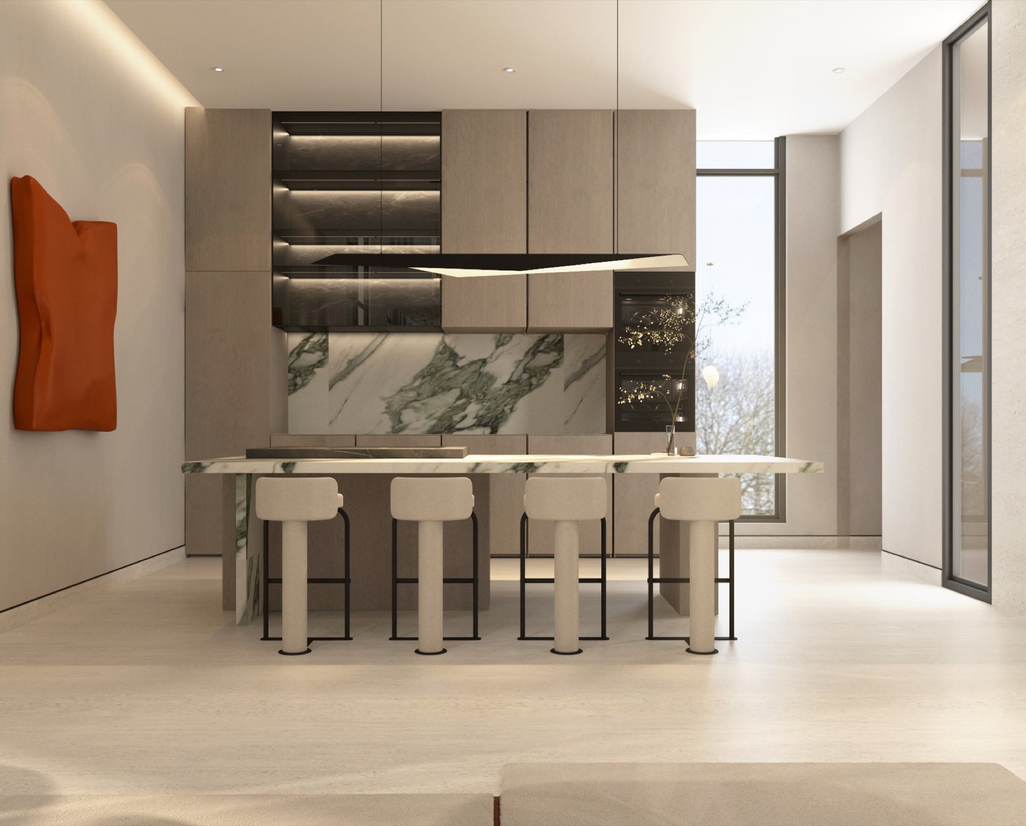 A kitchen with a green-veined marble splashback and island, pale timber cabinetry and four upholstered stools, designed by Radwa Interiors.