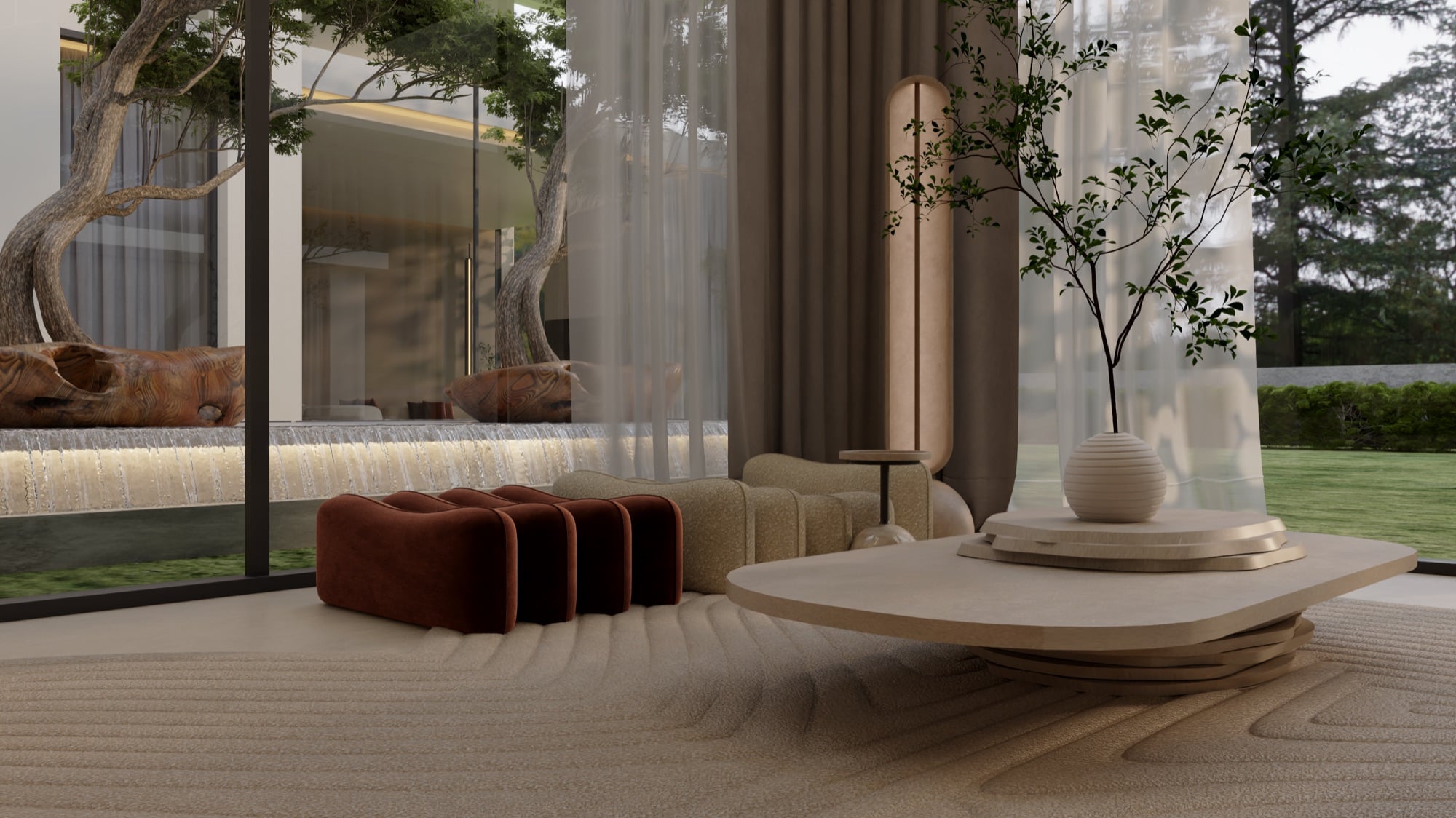 A rust velvet bench and a stone table on a raked rug, beside a courtyard tree and a water feature behind glass, designed by Radwa Interiors.
