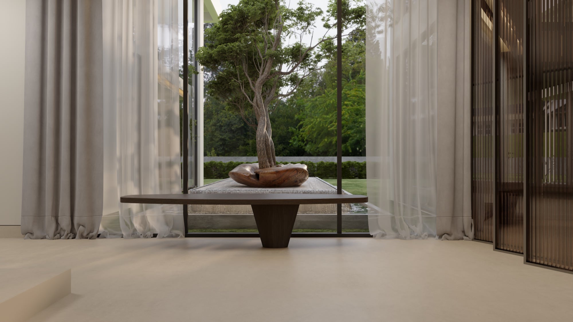 A low bench holding a tree in a wide bowl, framed by sheer curtains and full-height glazing onto the garden, designed by Radwa Interiors.