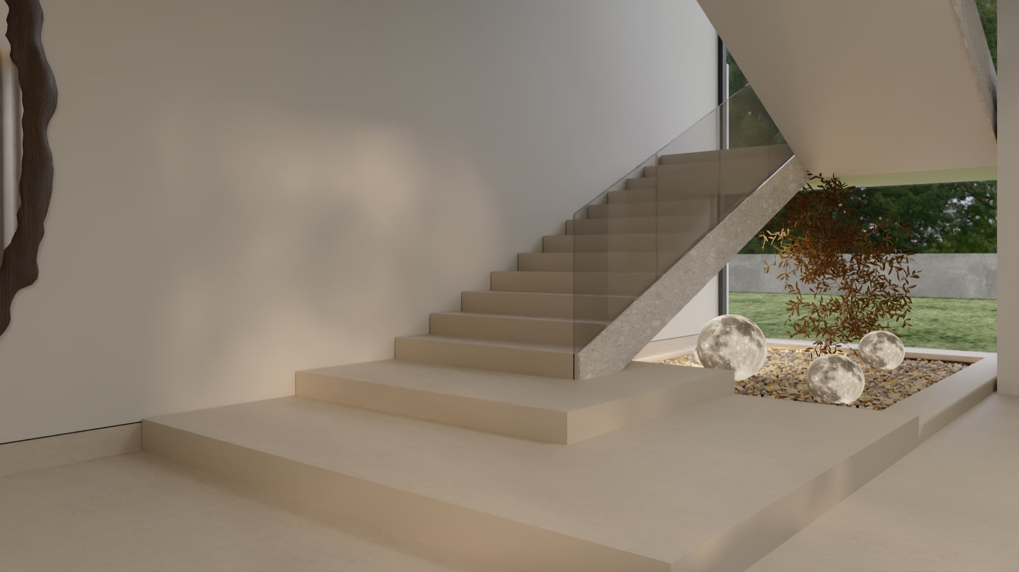 A stone staircase with a glass balustrade rising beside a pebbled bed with glass spheres, designed by Radwa Interiors.