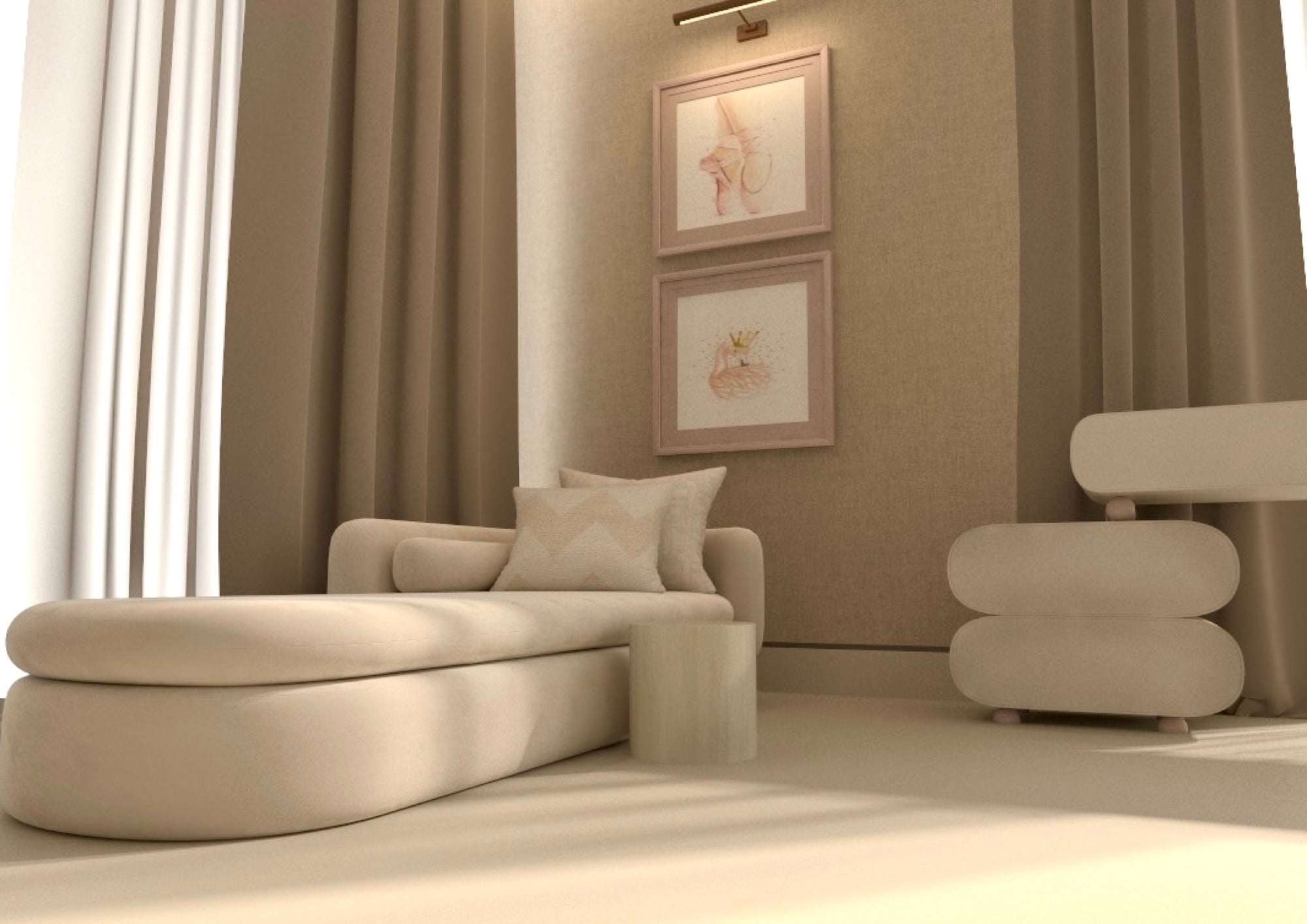 A bedroom corner with a curved chaise, a pouffe and two framed botanical prints under a picture light, designed by Radwa Interiors.