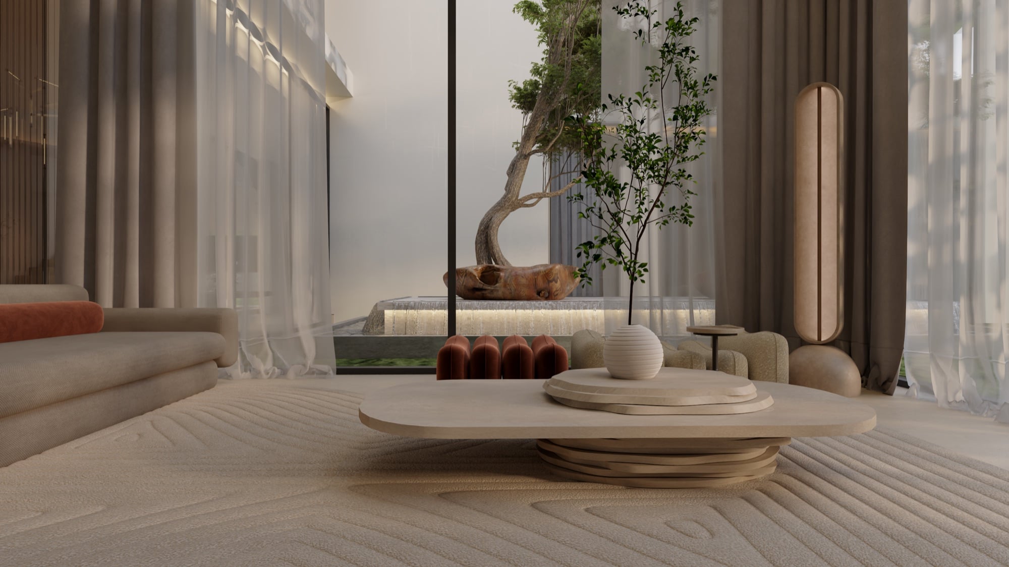 A layered stone coffee table on a raked rug, with a fluted rust bench and a courtyard tree beyond the curtains, designed by Radwa Interiors.