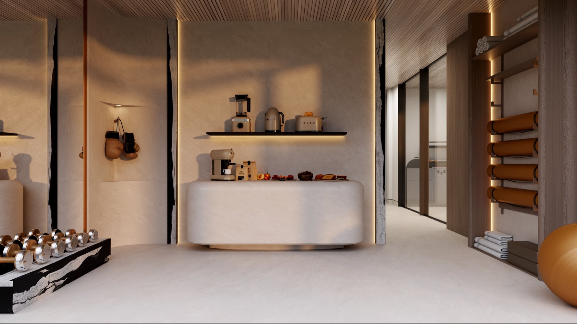 A home gym with a treadmill and exercise bike on a timber floor, glazed on two sides to a sunset sky, designed by Radwa Interiors.