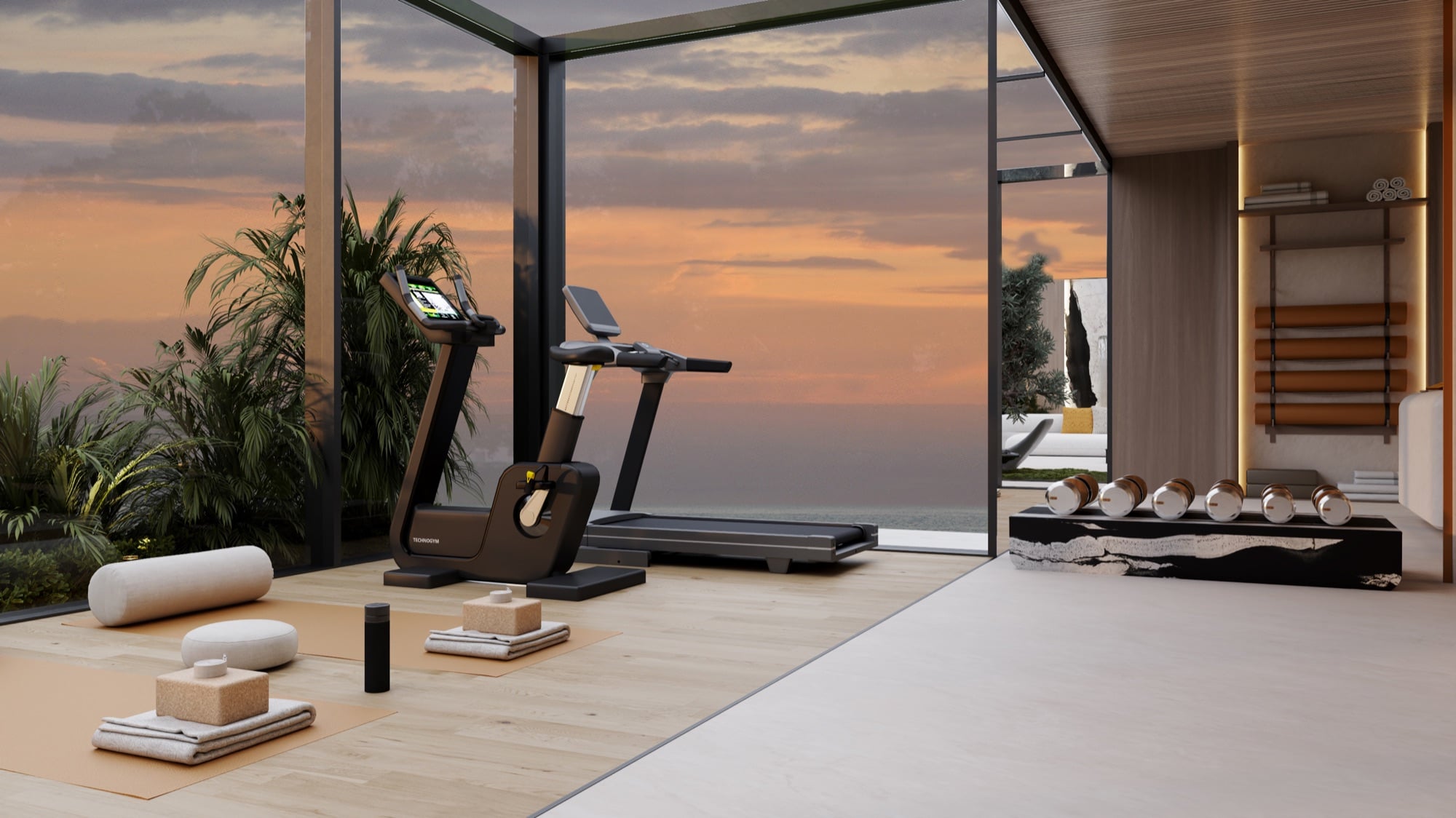 A glazed gym pavilion at sunset with a treadmill, exercise bike and yoga mat, beside wall bars and weights, designed by Radwa Interiors.