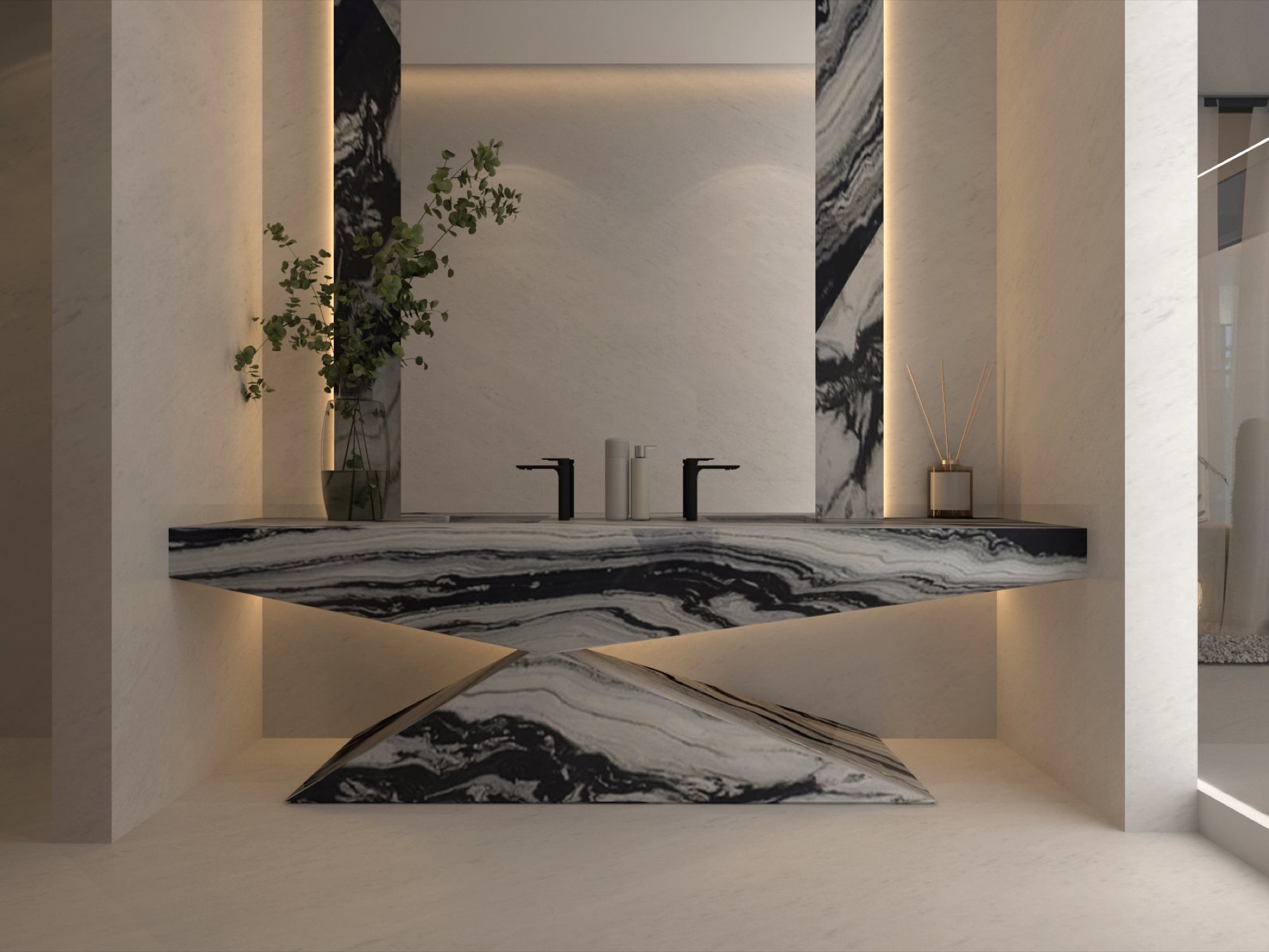A washroom with a dramatic black and white marble basin on a folded plinth, below a backlit mirror, designed by Radwa Interiors.