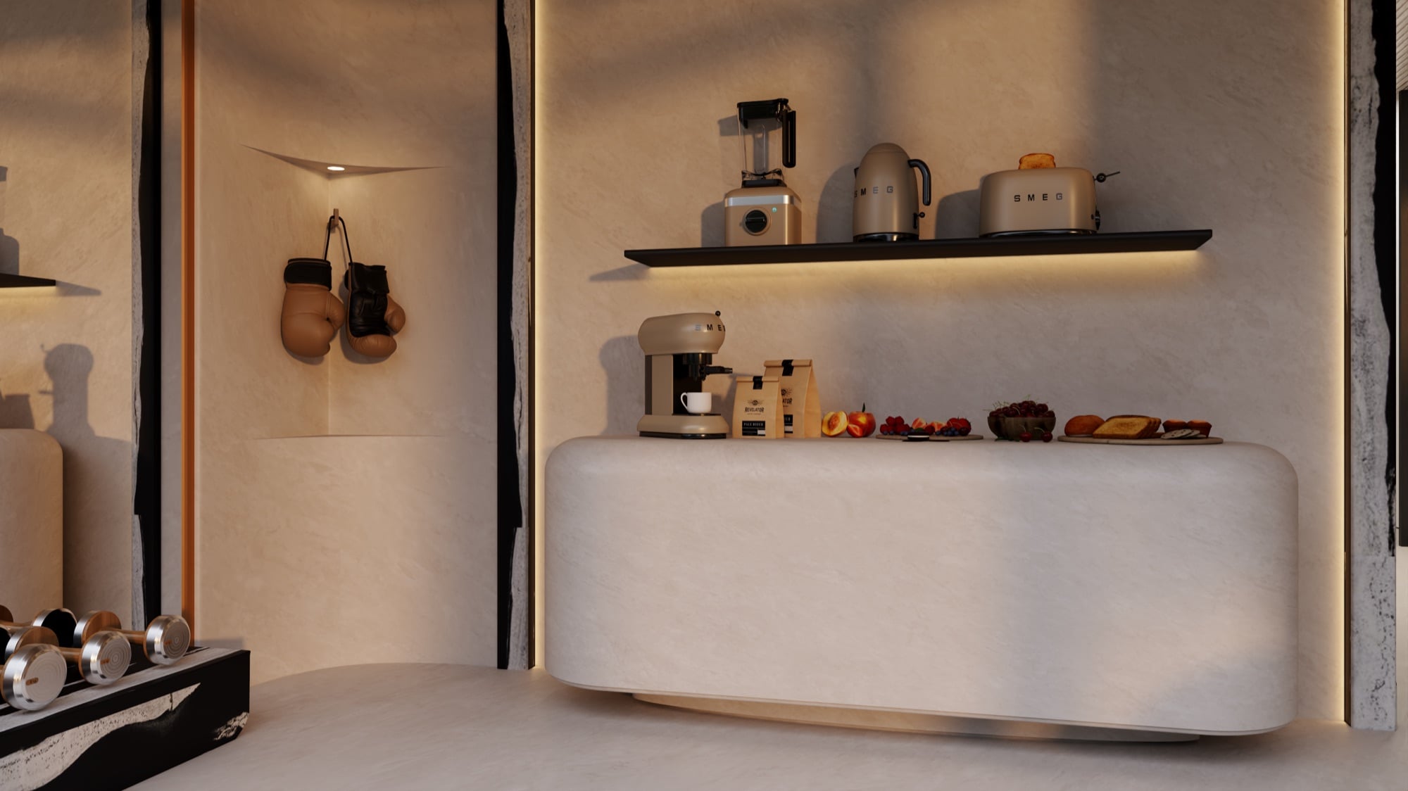 A pantry counter with a coffee machine and small appliances on a floating shelf, beside hanging boxing gloves, designed by Radwa Interiors.