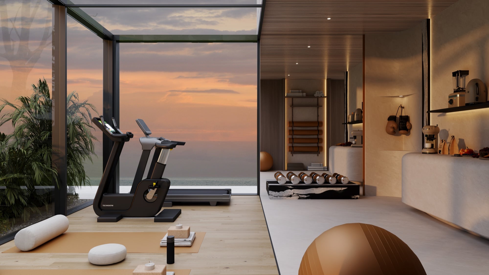 A gym at sunset with cardio equipment beside a glazed corner, opening to a pantry with wall bars and weights, designed by Radwa Interiors.