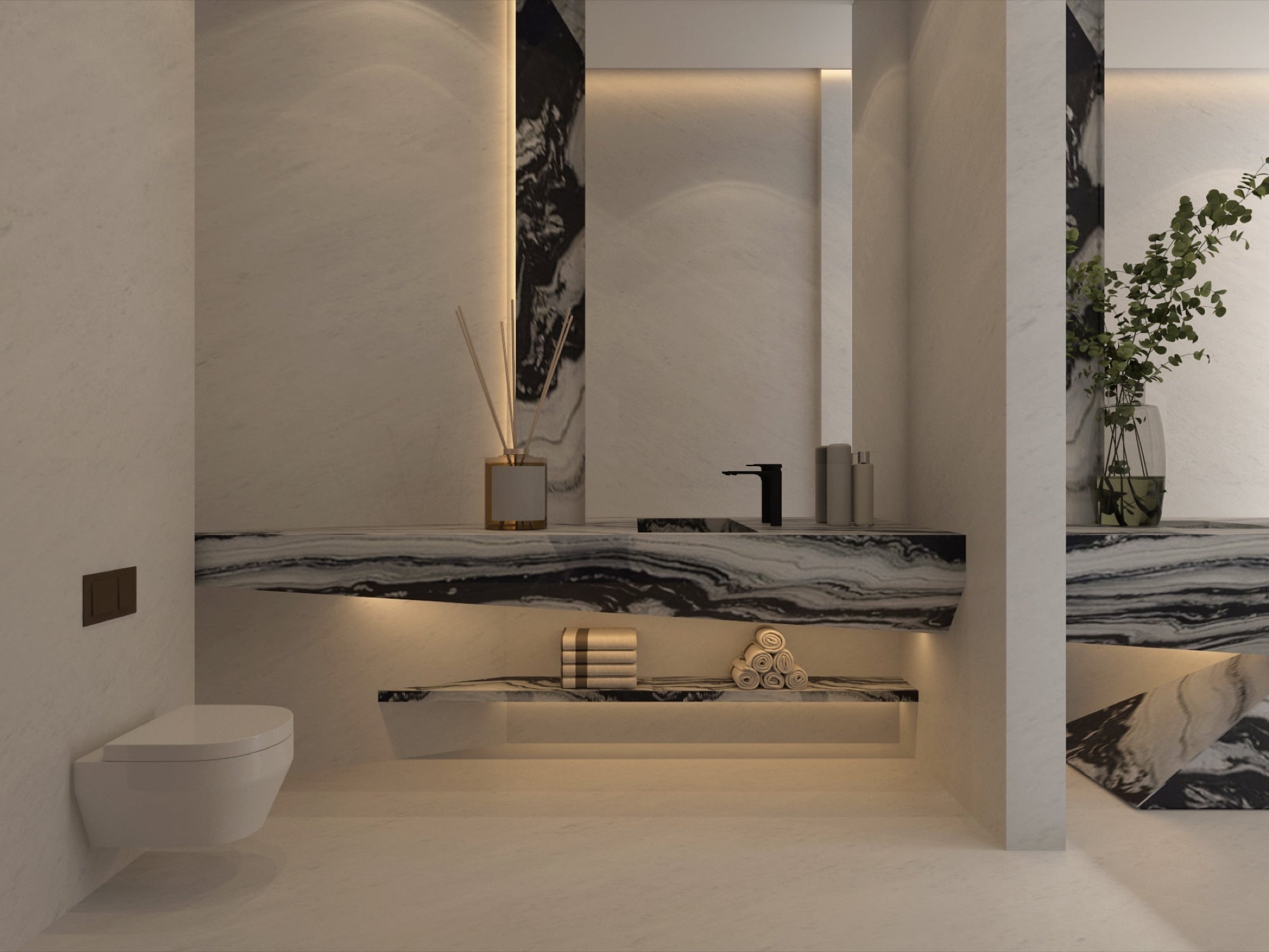 A washroom with a black and white marble vanity and matching backlit mirror, with a plant on the counter, designed by Radwa Interiors.