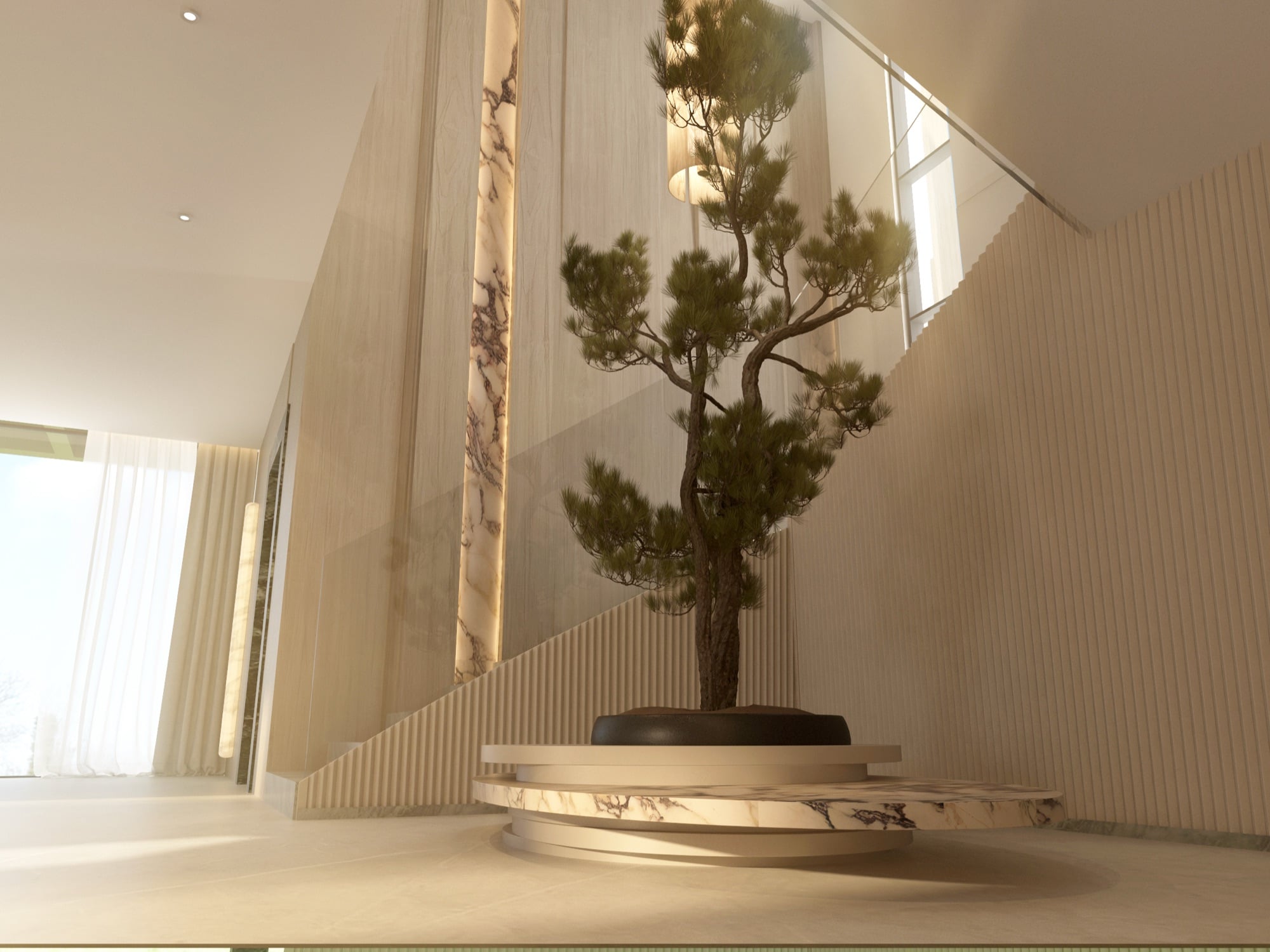 A sculptural pine on a round marble plinth beside a stone staircase, under a tall fluted pendant, designed by Radwa Interiors.