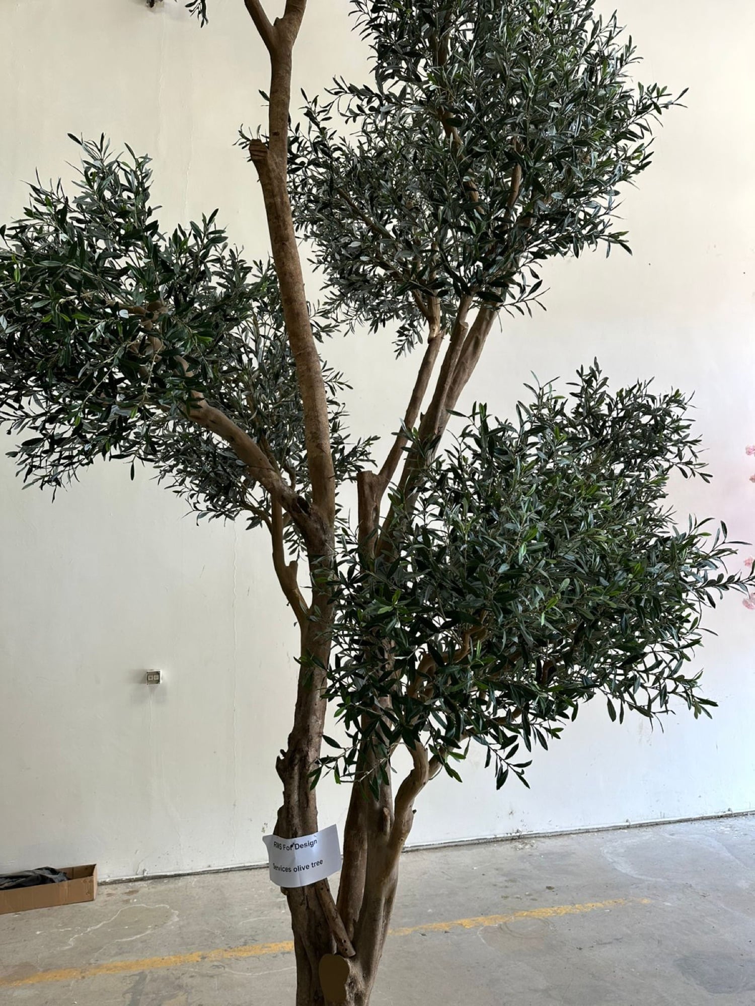 A tiered olive tree tagged for delivery, standing on a steel base in a workshop, designed by Radwa Interiors.