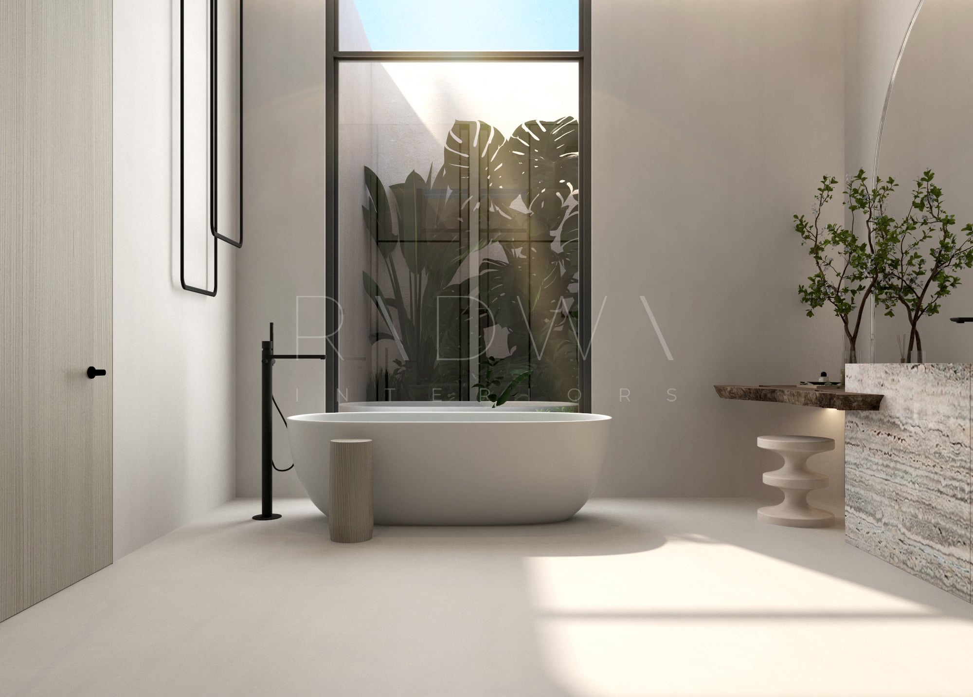 A freestanding oval tub with a black floor-mounted tap, before a window of monstera leaves behind glass, designed by Radwa Interiors.