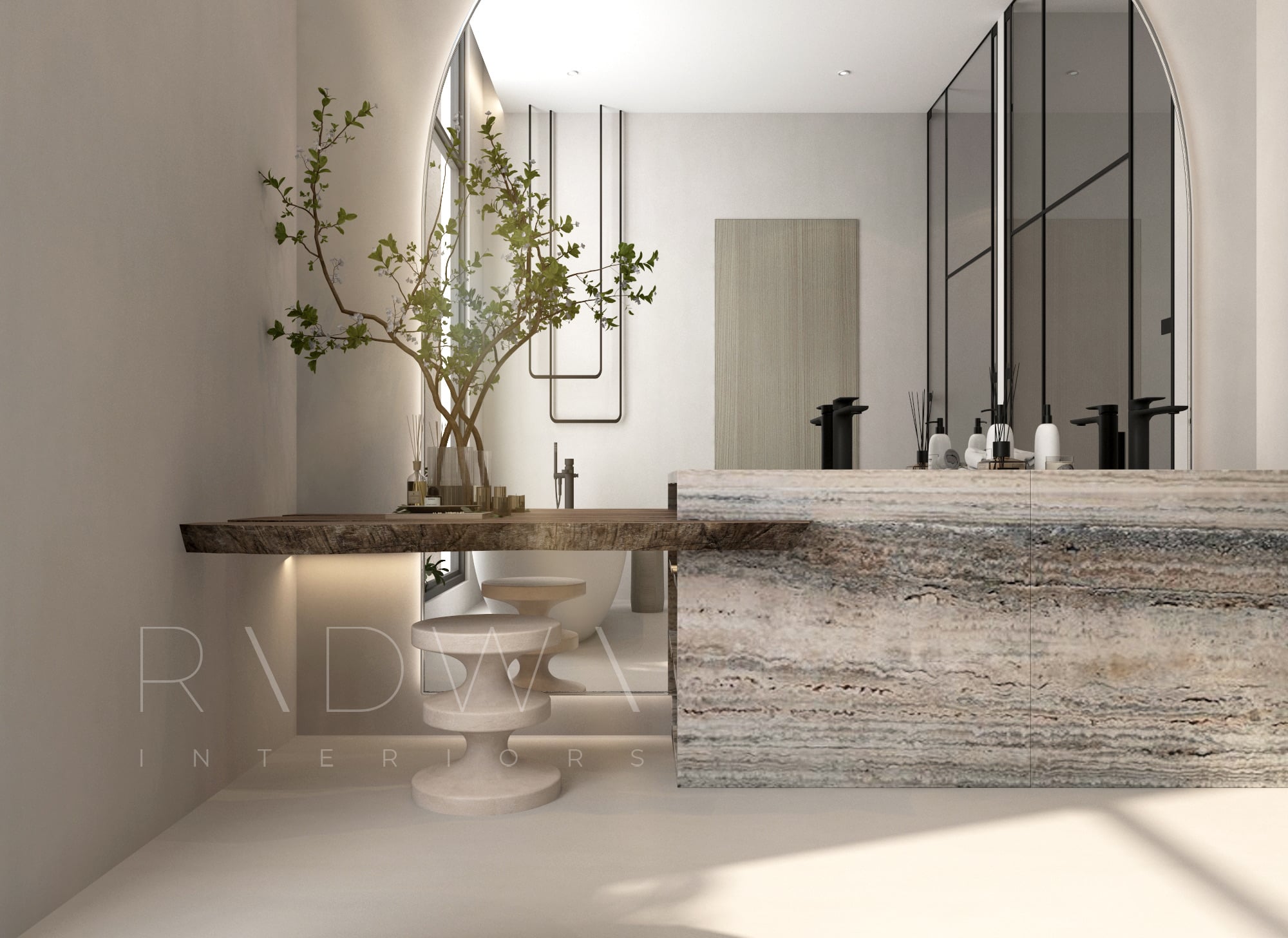 A stone vanity and timber shelf holding a slim tree, with sculpted stools and an arched mirror above, designed by Radwa Interiors.