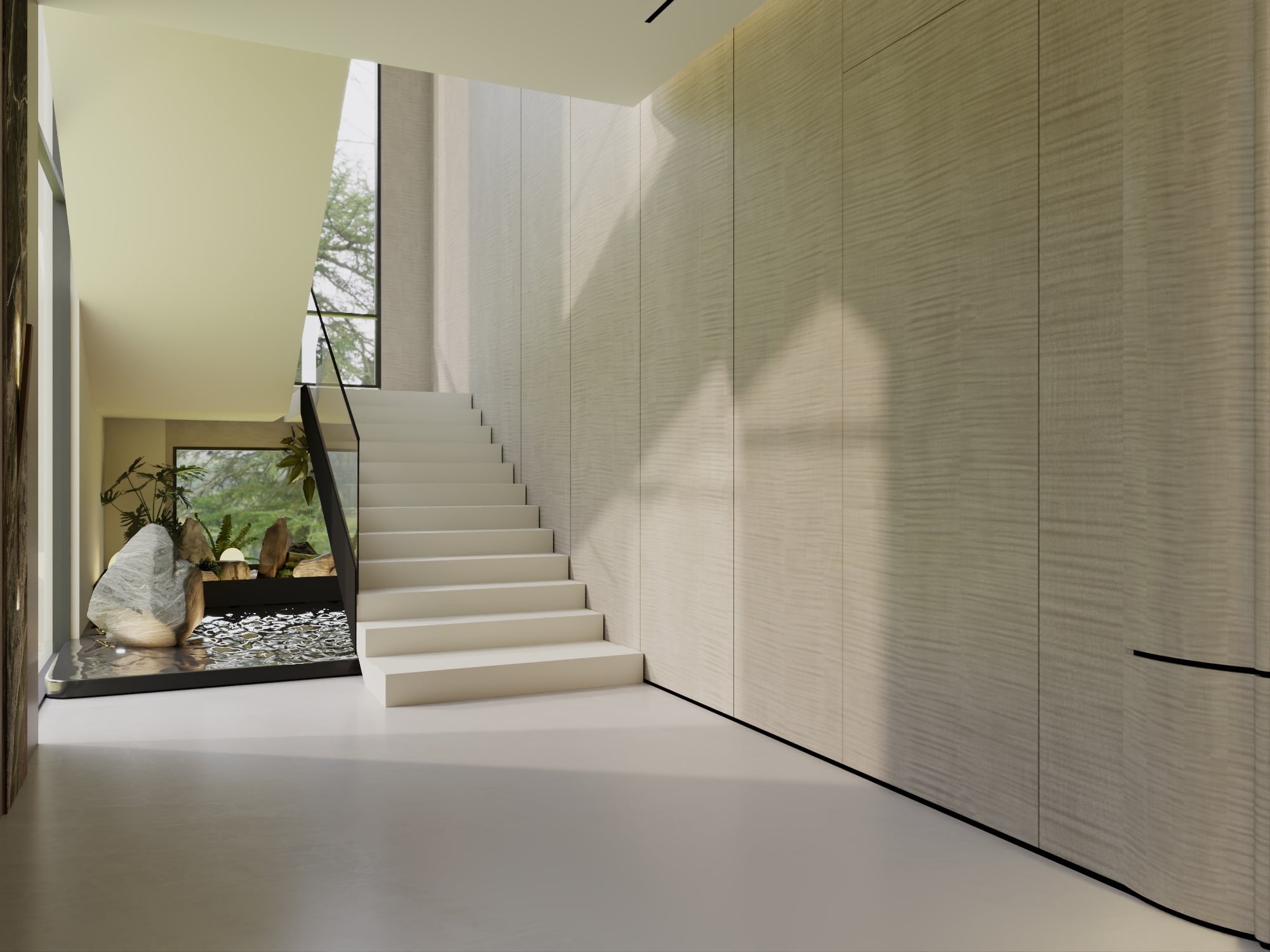 A pale stone staircase rising beside a pebbled water feature and a boulder, against a full-height textured timber wall, designed by Radwa Interiors.