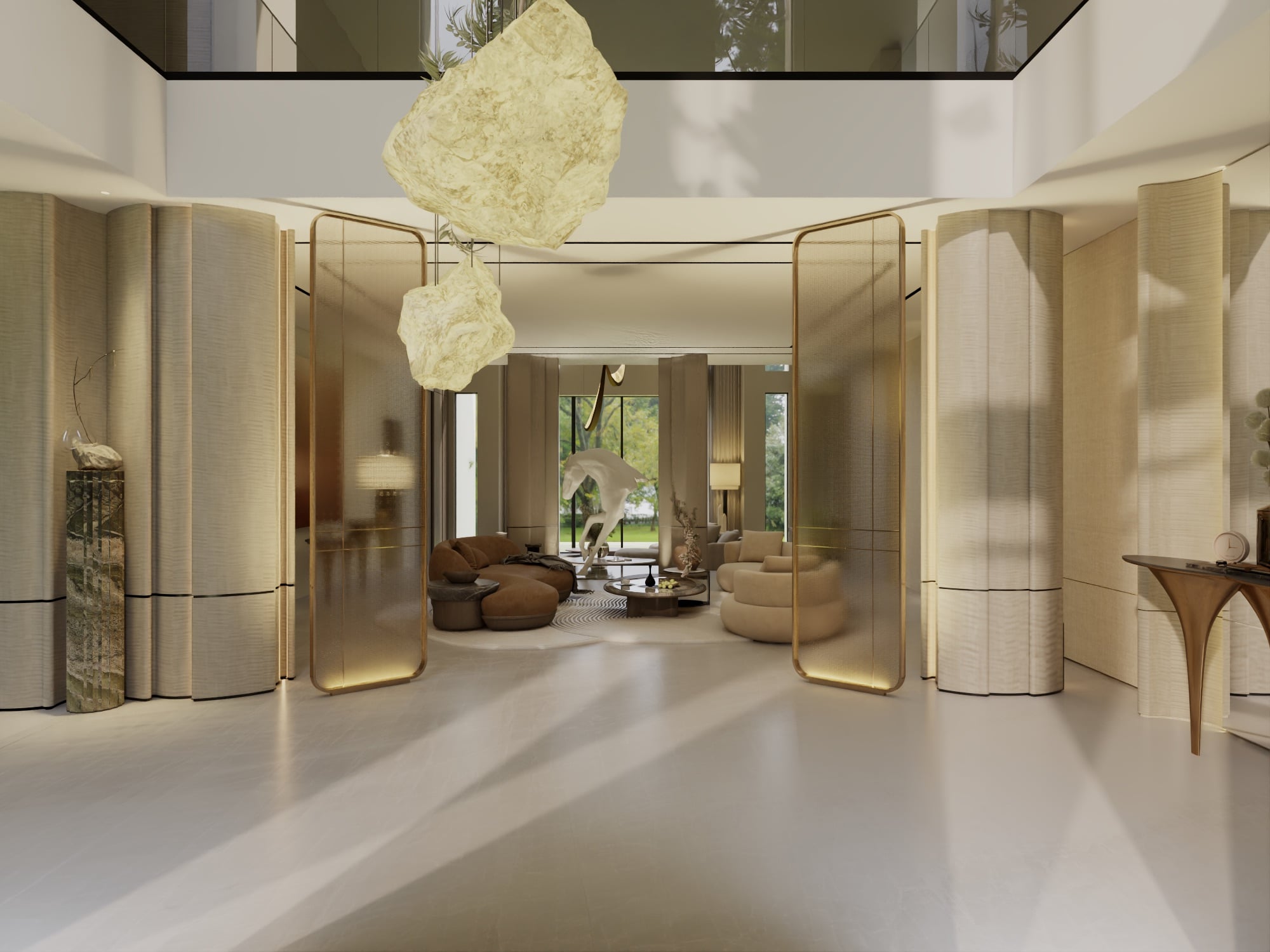 An entrance hall with pivoting brass and fluted screens, two rough alabaster pendants, and a lounge visible beyond, designed by Radwa Interiors.