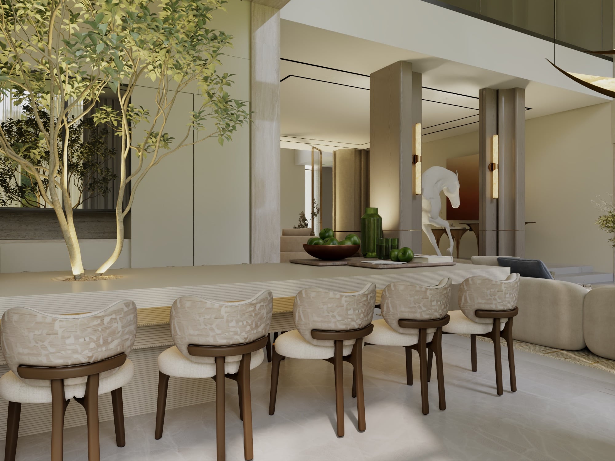 A breakfast counter with five upholstered timber chairs, beside a slender indoor tree and a white horse sculpture, designed by Radwa Interiors.