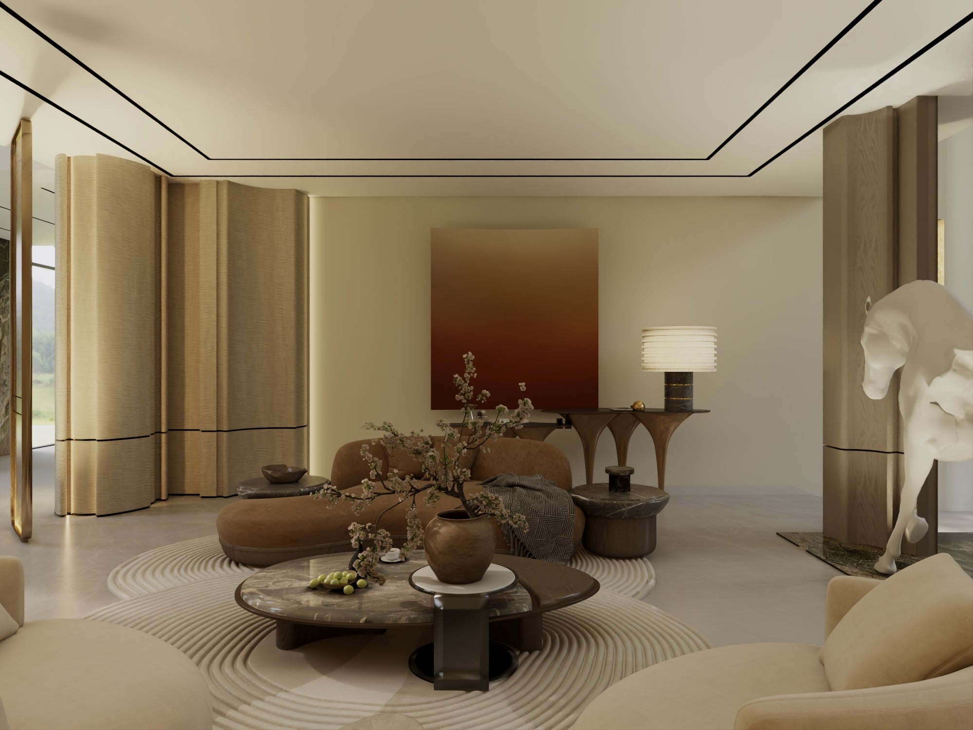 A majlis with tan curved seating around a stone table on a raked circular rug, beneath a red gradient artwork, designed by Radwa Interiors.