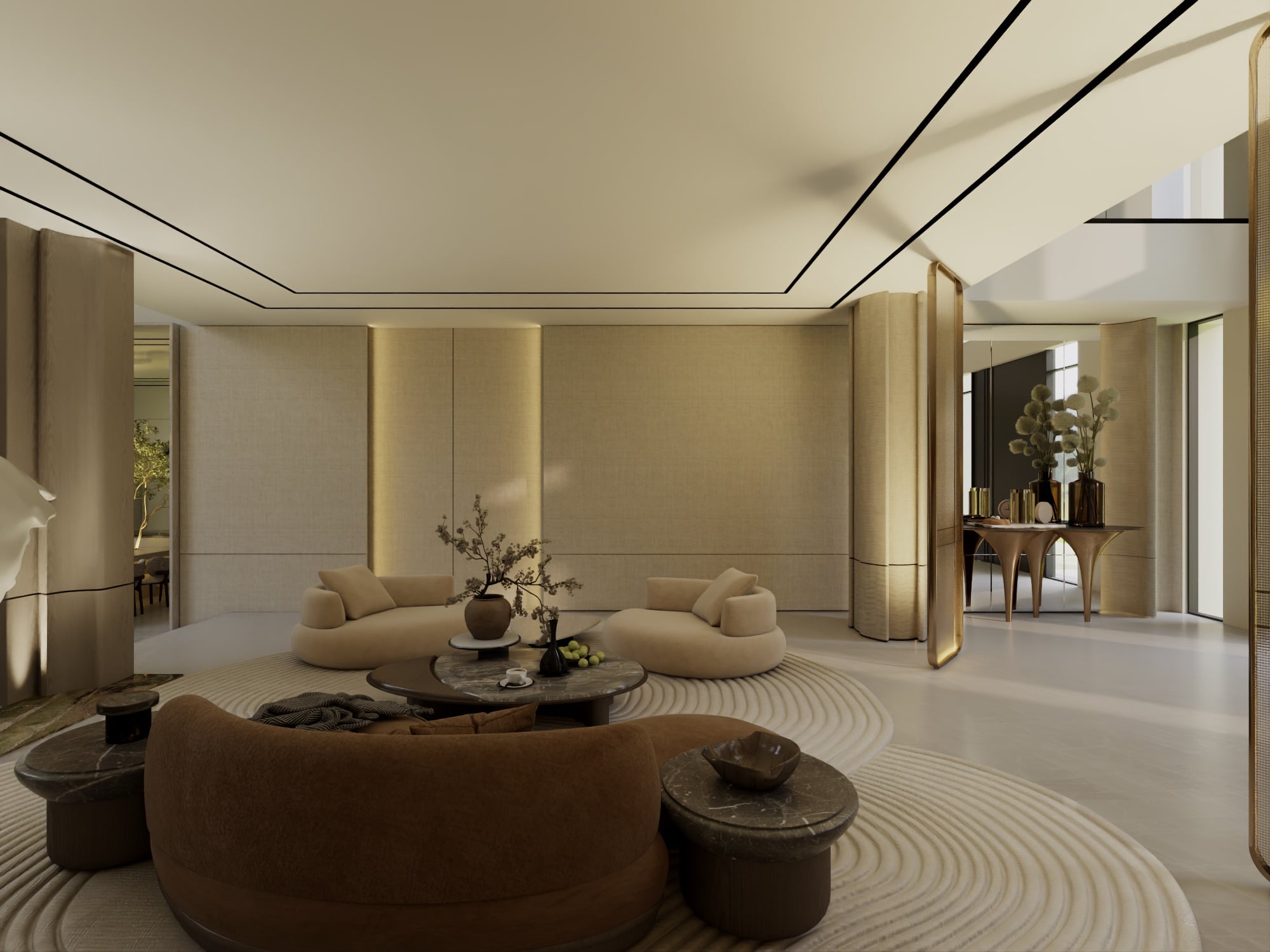 A living room with cream and tan curved seating on a raked circular rug, framed by fluted brass screens, designed by Radwa Interiors.